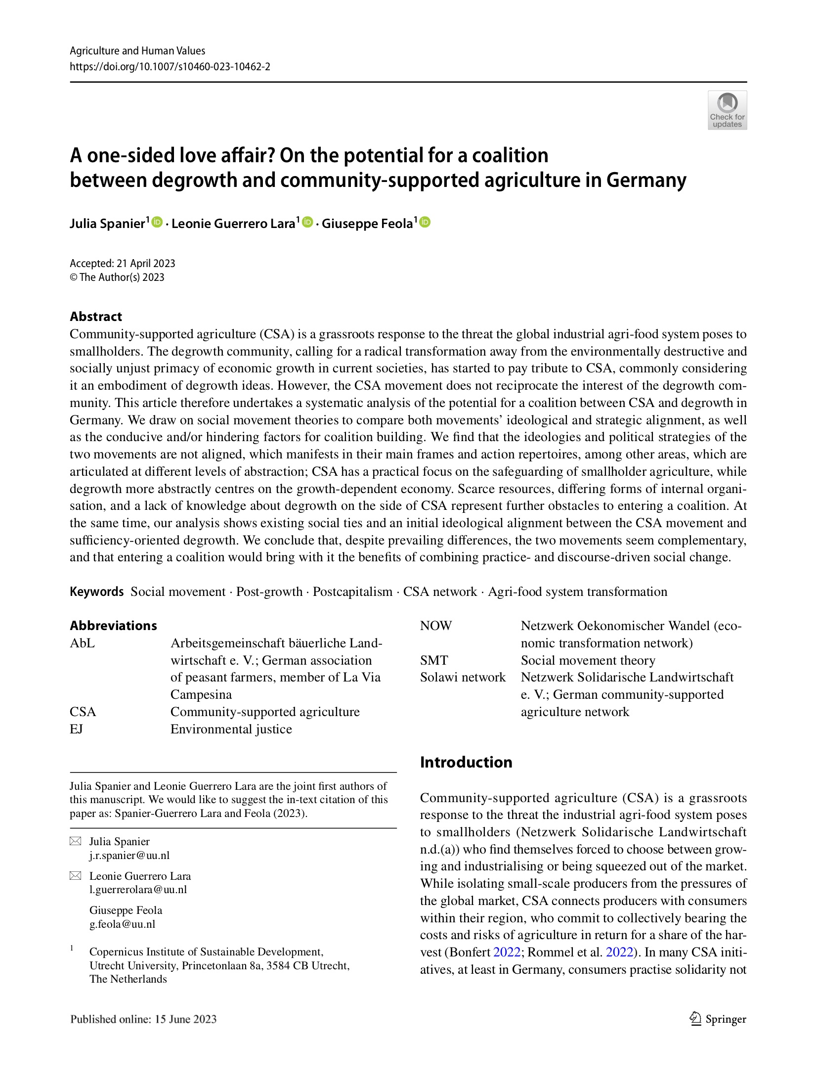 A one‑sided love affair? On the potential for a coalition between degrowth and community‑supported agriculture in Germany