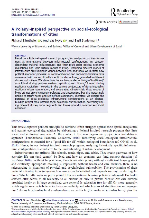 A Polanyi-inspired perspective on social-ecological transformations of cities