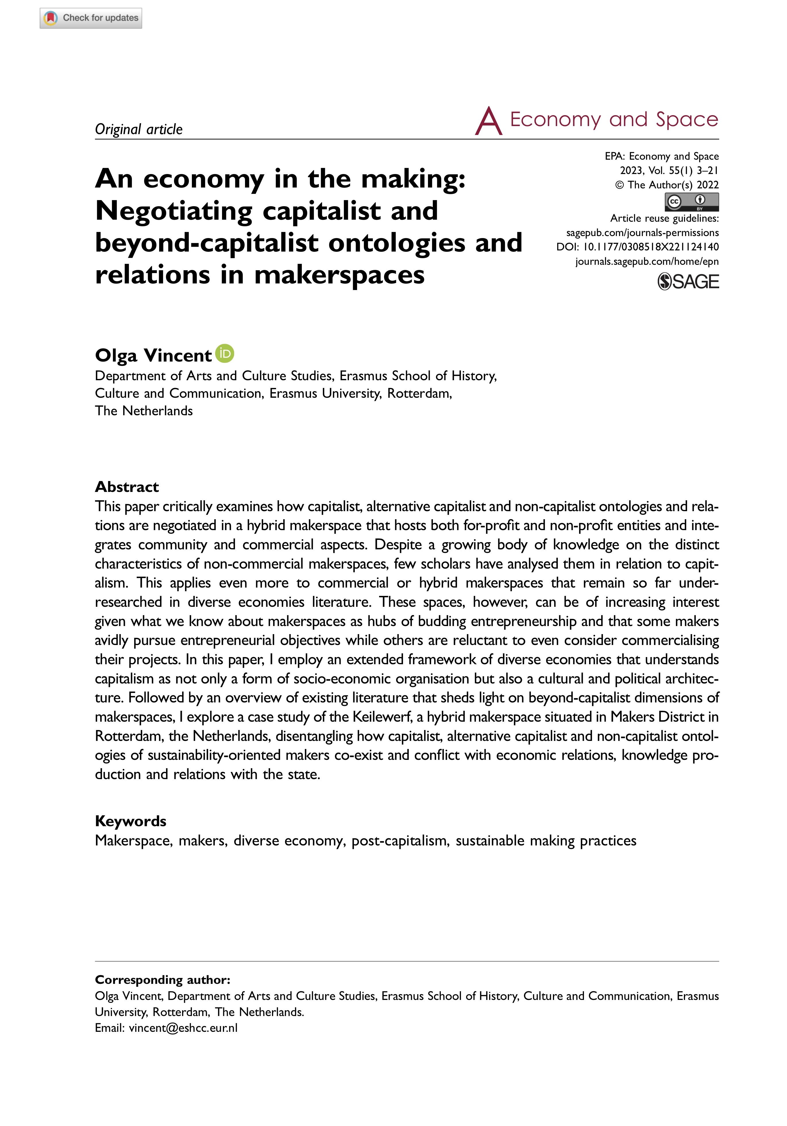 An economy in the making: Negotiating capitalist and beyond-capitalist ontologies and relations in makerspaces