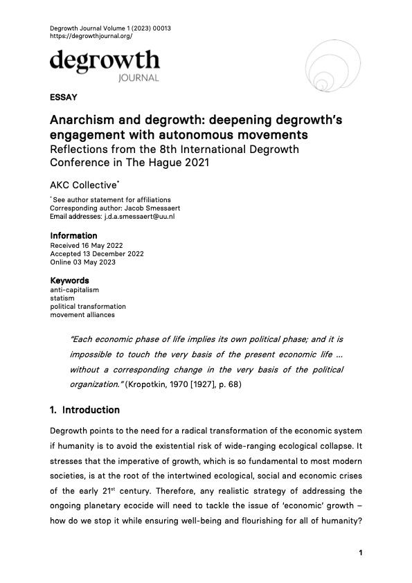 Anarchism and degrowth : deepening degrowth’s engagement with autonomous movements