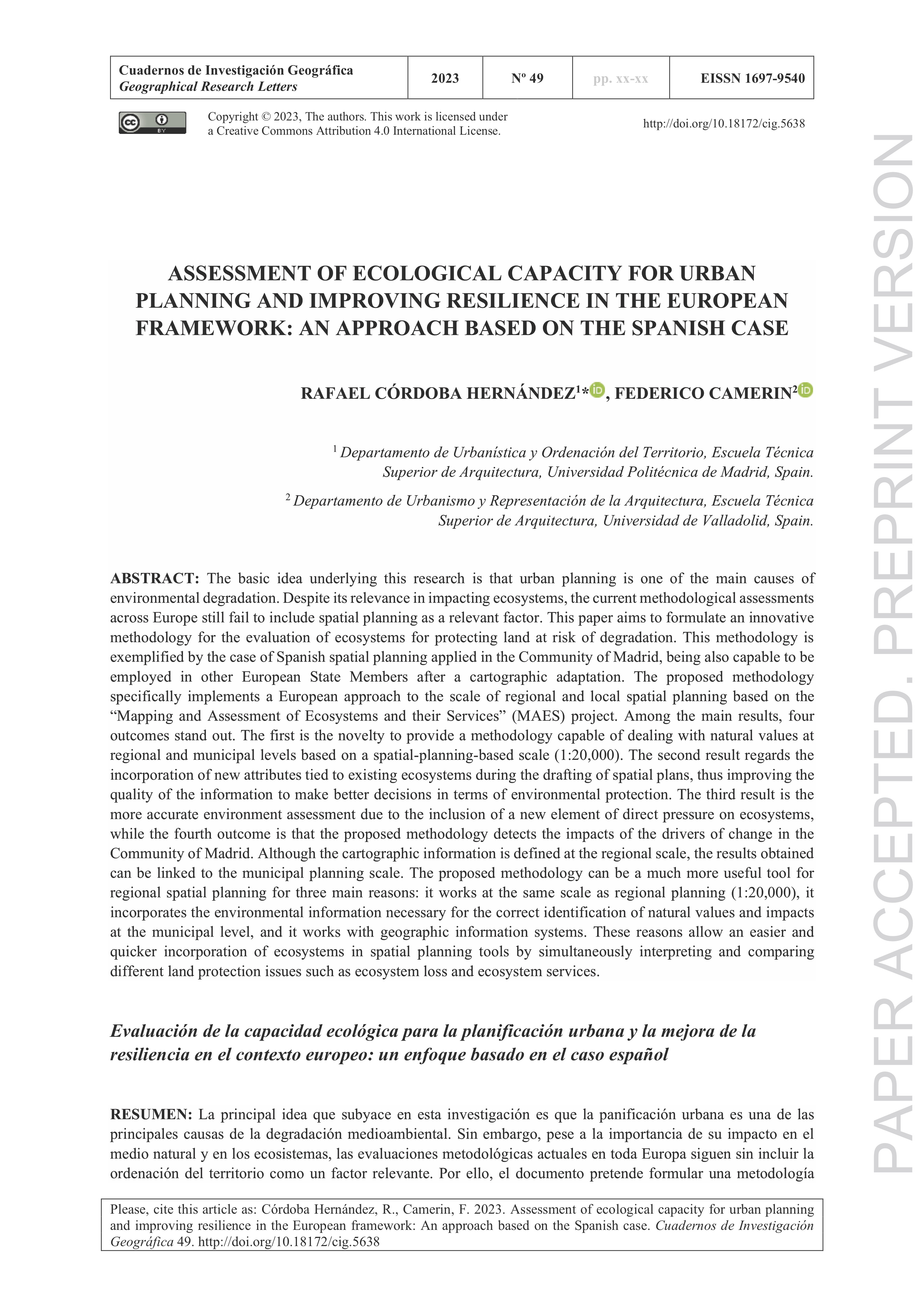 Assessment of ecological capacity for urban planning and improving resilience in the European framework: an approach based on the Spanish case