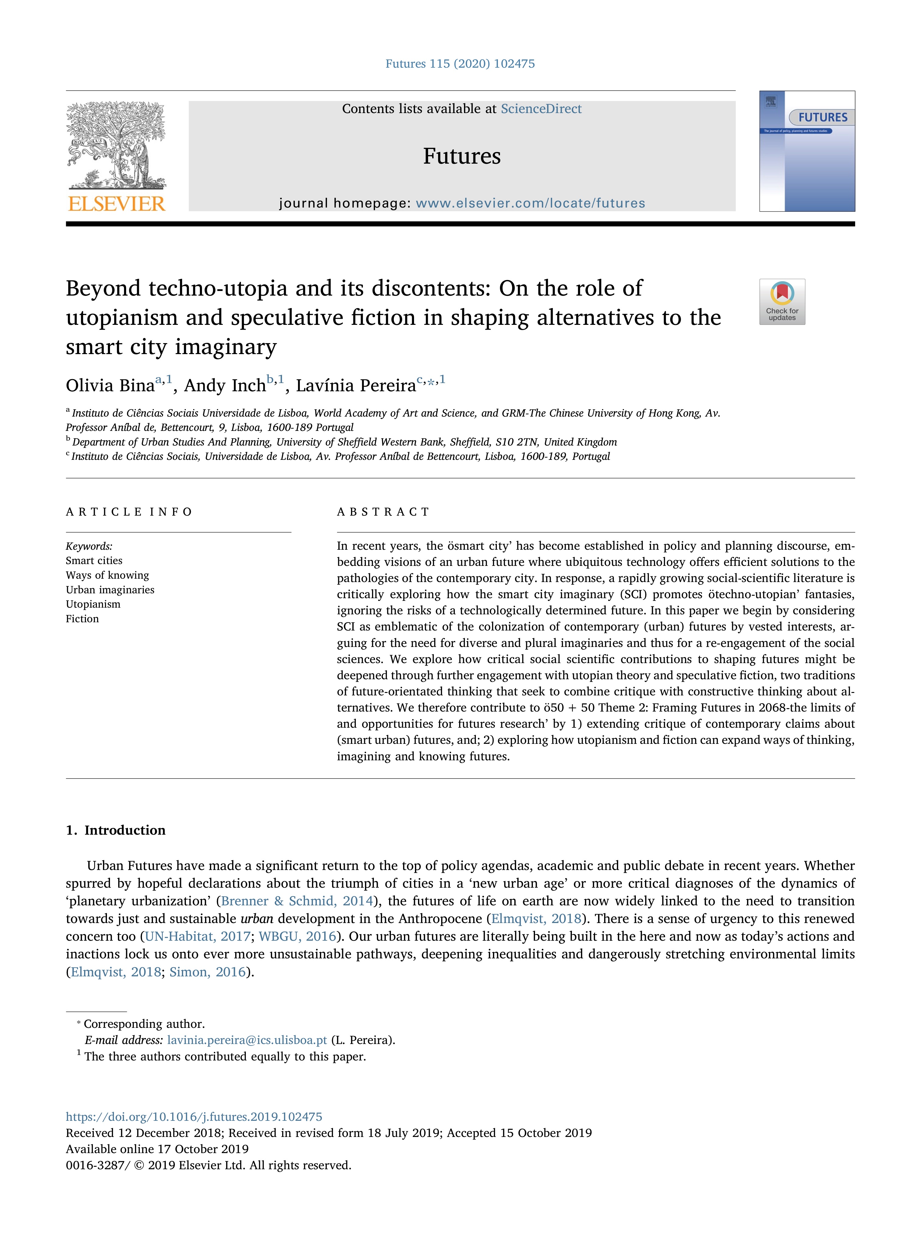 Beyond techno-utopia and its discontents: On the role of utopianism and speculative fiction in shaping alternatives to the smart city imaginary