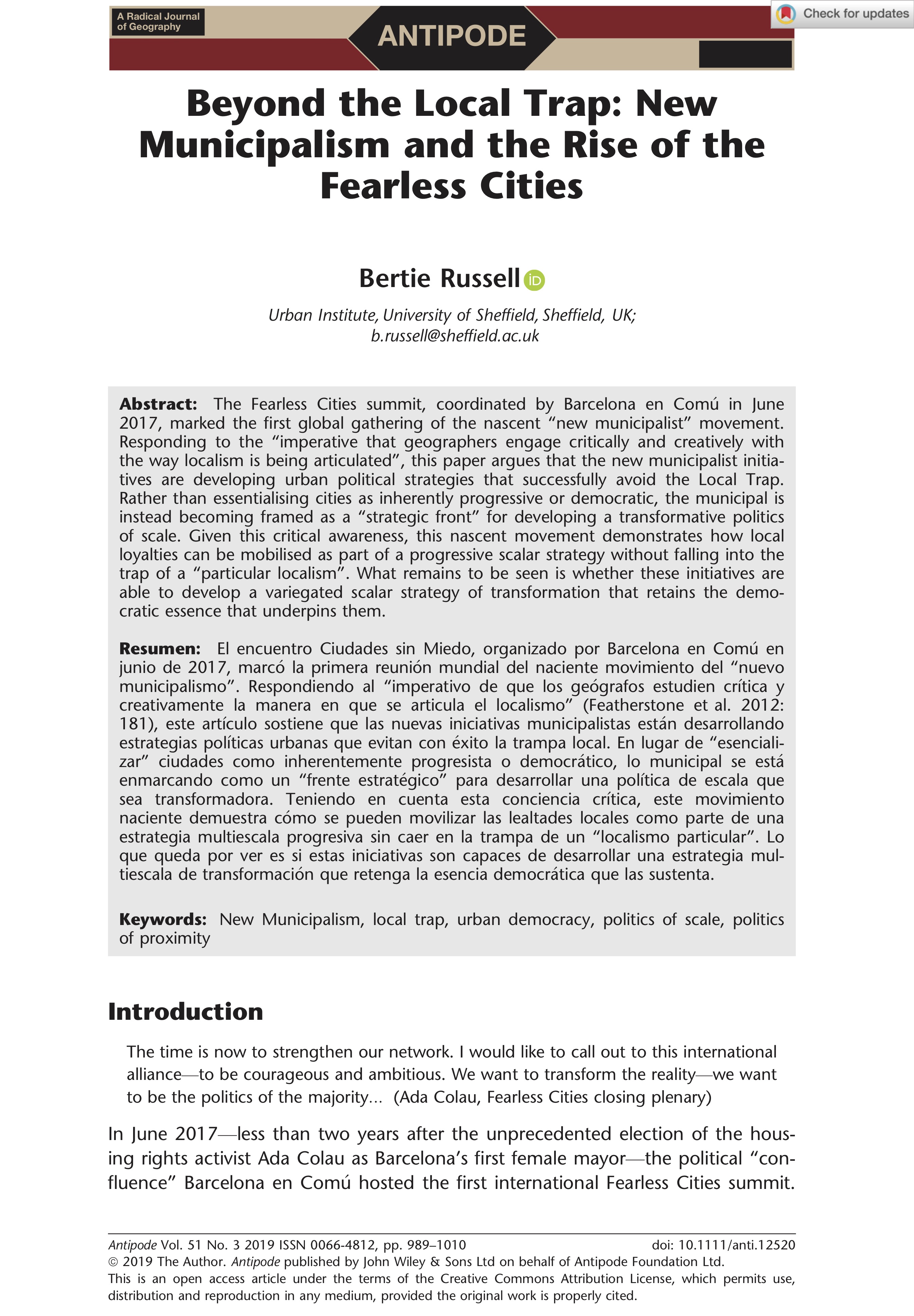 Beyond the Local Trap: New Municipalism and the Rise of the Fearless Cities