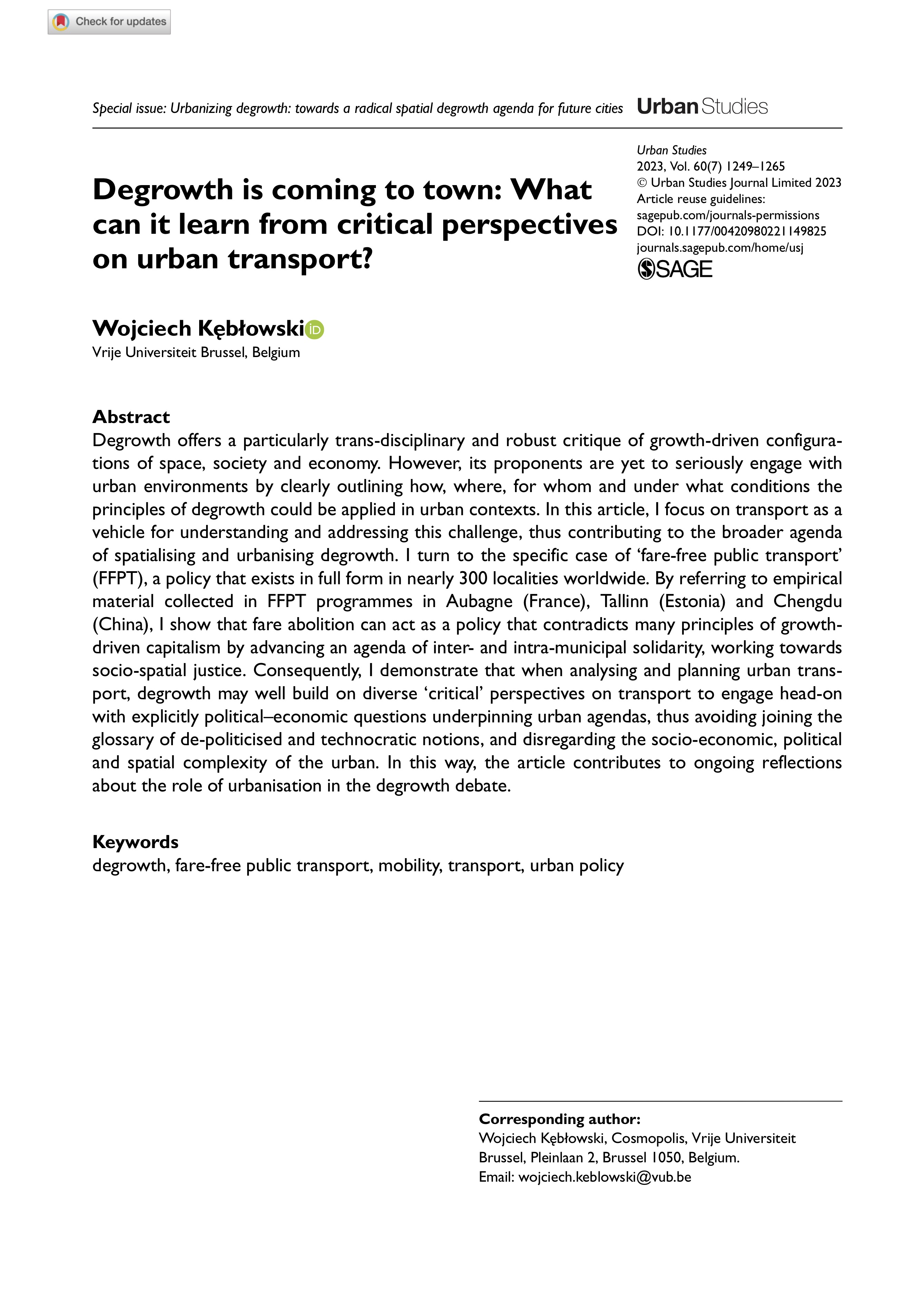 Degrowth is coming to town: What can it learn from critical perspectives on urban transport?