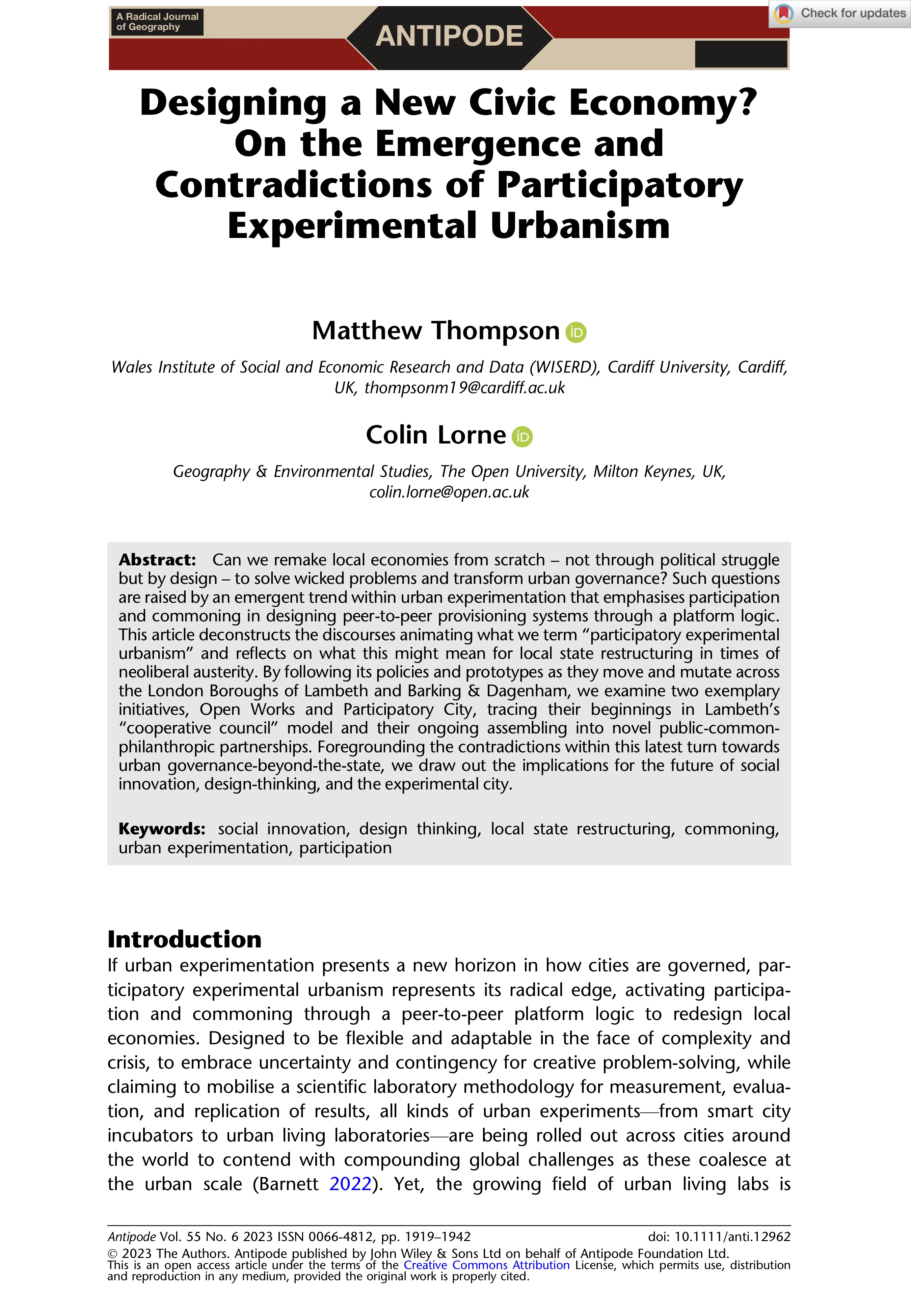 Designing a New Civic Economy? On the Emergence and Contradictions of Participatory Experimental Urbanism