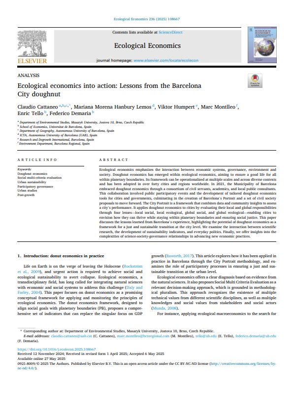 Ecological economics into action: Lessons from the Barcelona City doughnut
