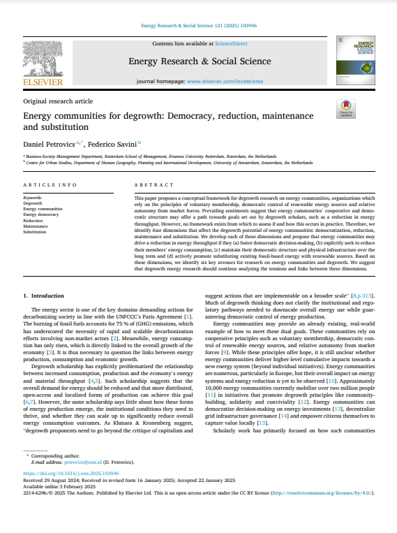 Energy communities for degrowth: Democracy, reduction, maintenance and substitution