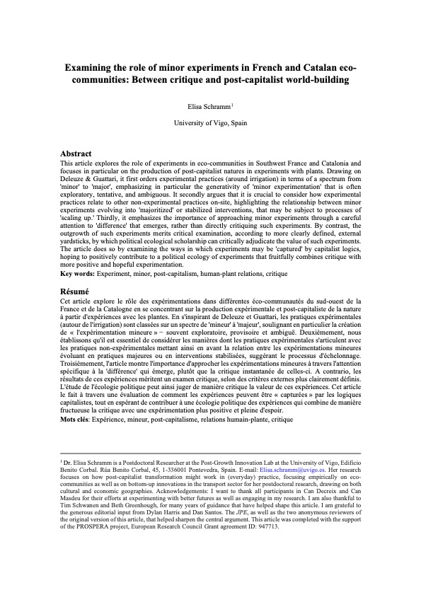 Examining the role of minor experiments in French and Catalan eco- communities: Between critique and post-capitalist world-building