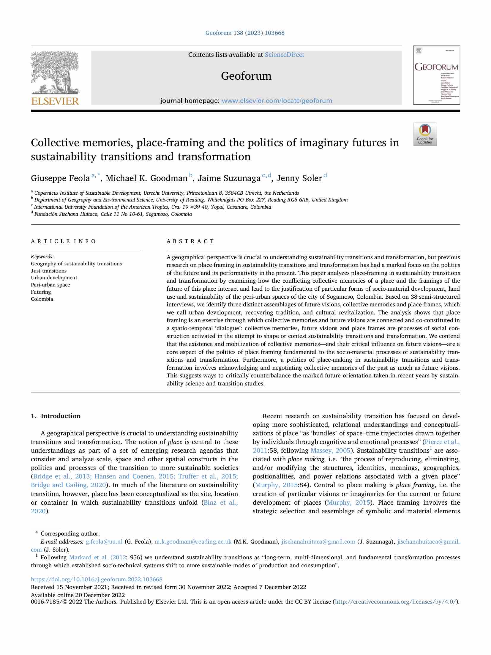 Collective memories, place-framing and the politics of imaginary futures in sustainability transitions and transformation