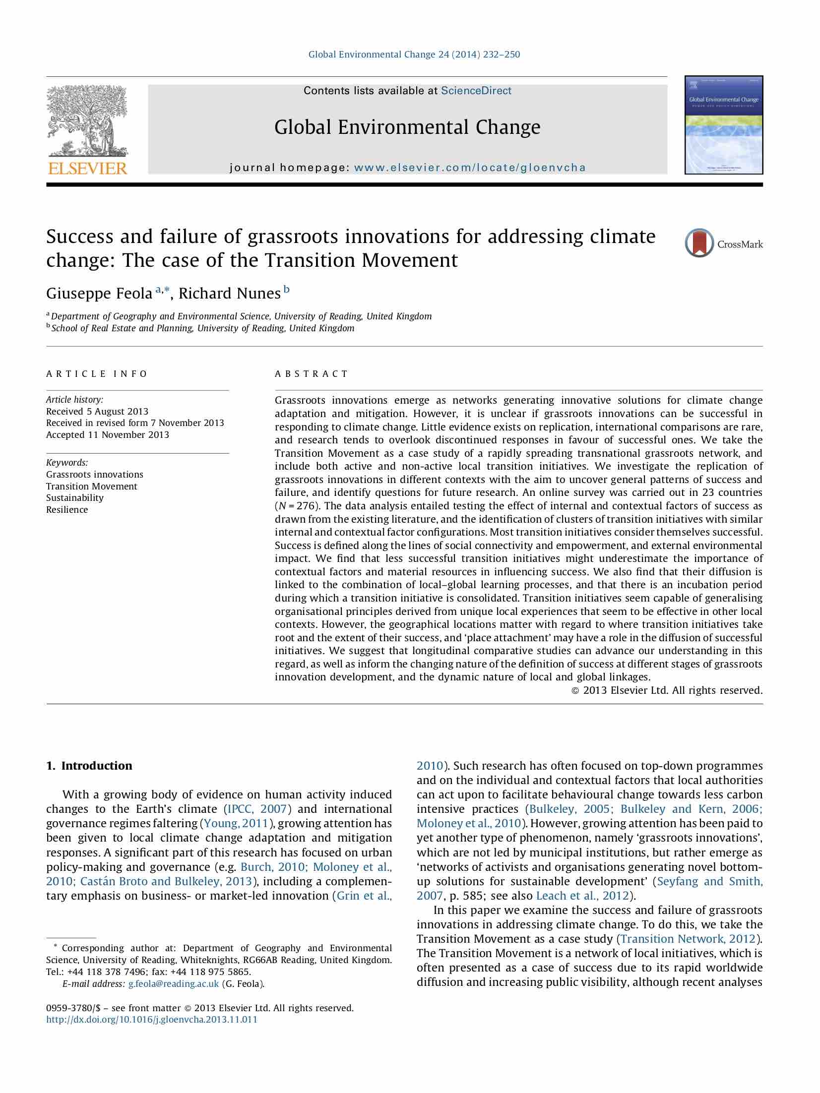 Success and failure of grassroots innovations for addressing climate change: The case of the Transition Movement