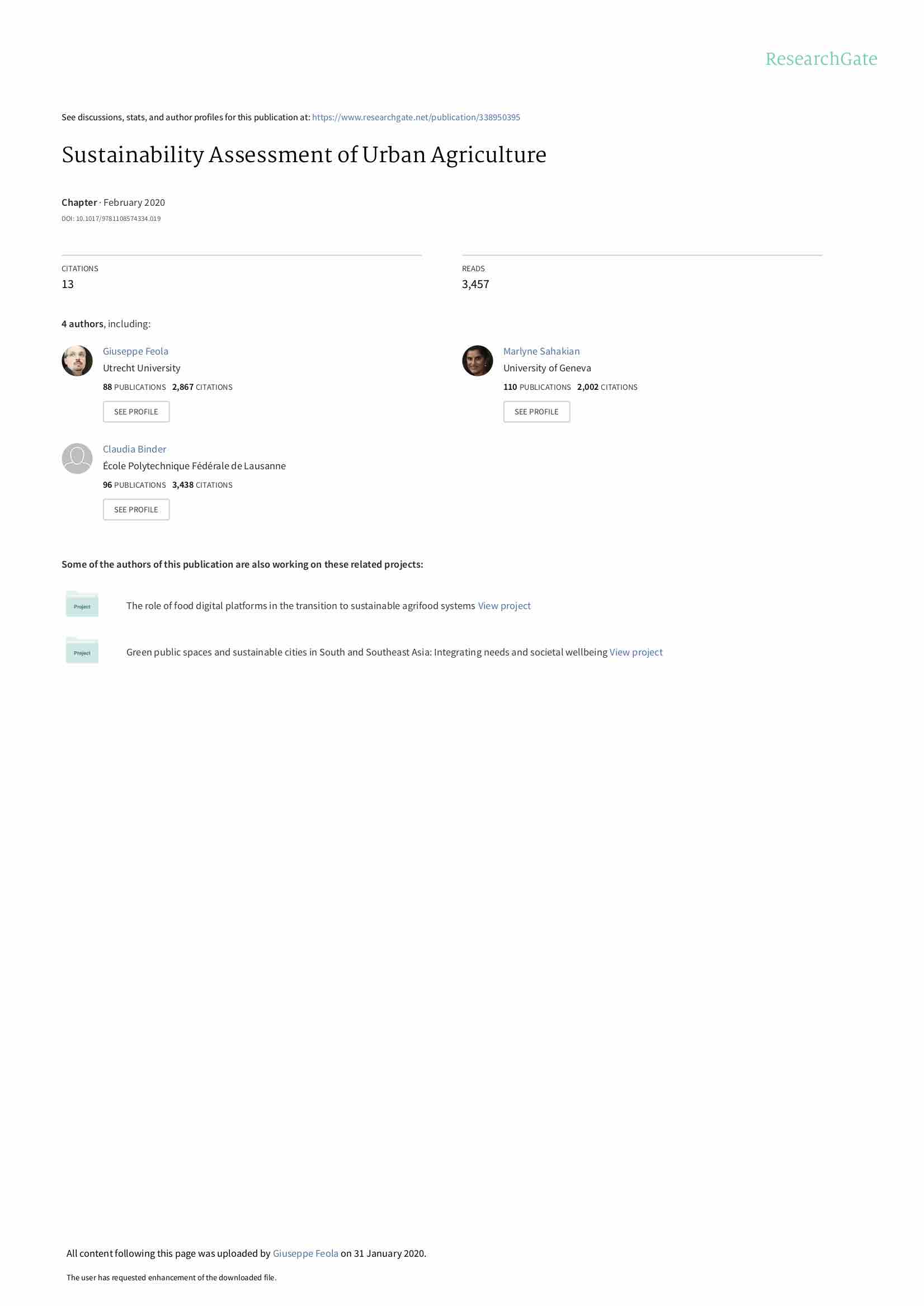 Sustainability Assessment of Urban Agriculture