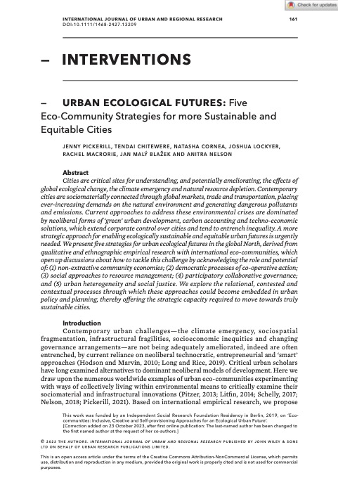 URBAN ECOLOGICAL FUTURES: Five Eco-Community Strategies for more Sustainable and Equitable Cities