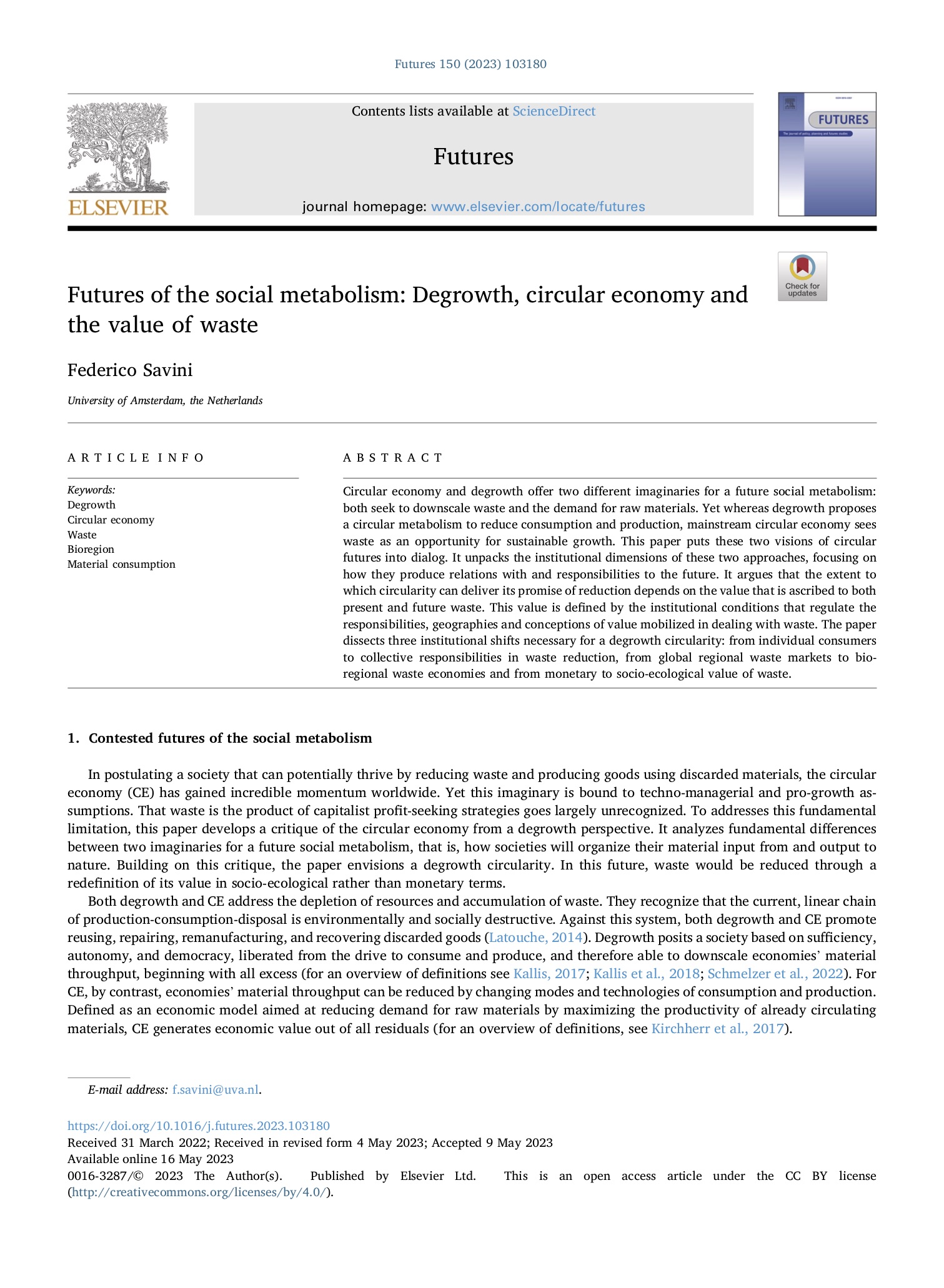 Futures of the social metabolism: Degrowth, circular economy and the value of waste