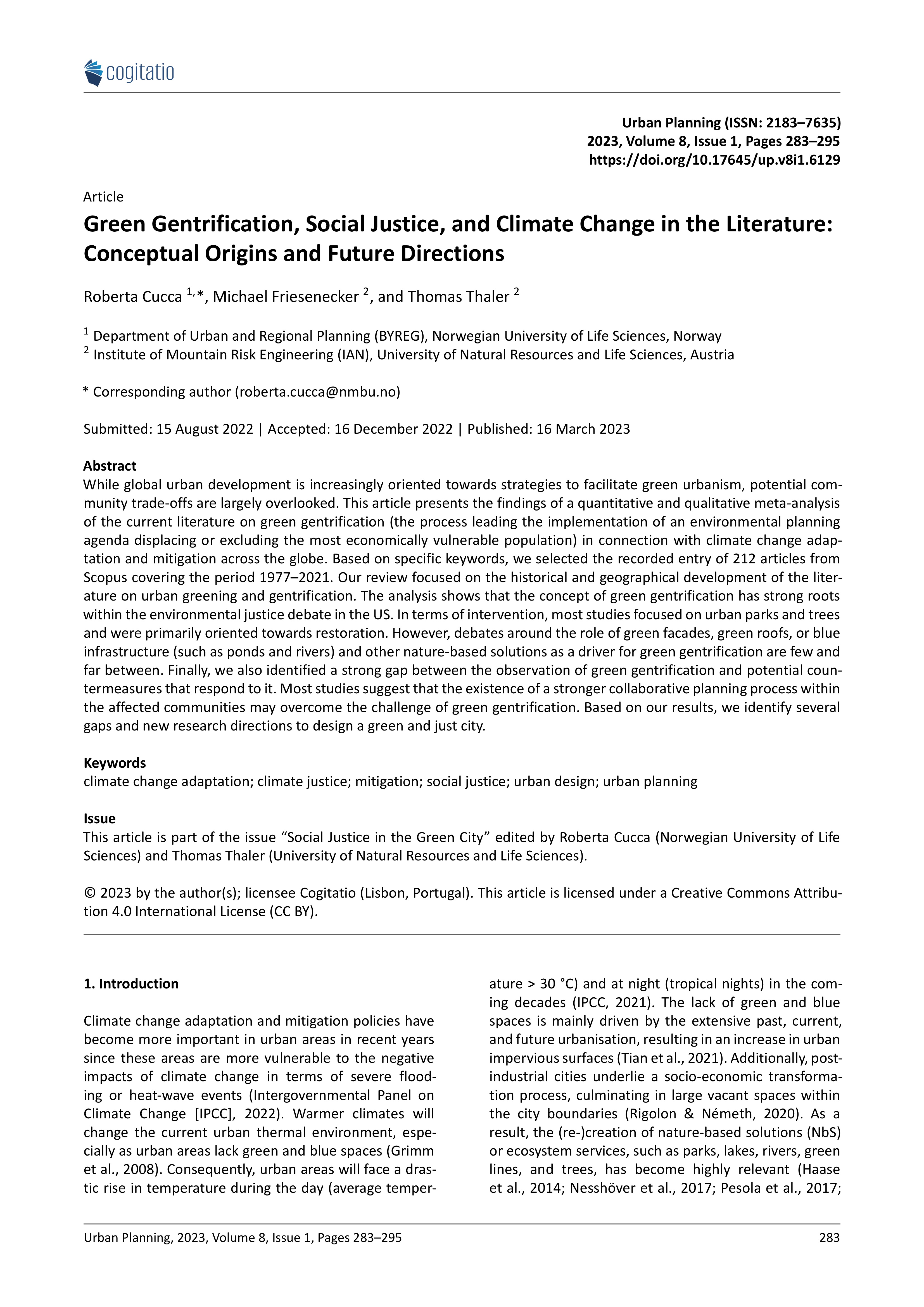 Green Gentrification, Social Justice, and Climate Change in the Literature: Conceptual Origins and Future Directions