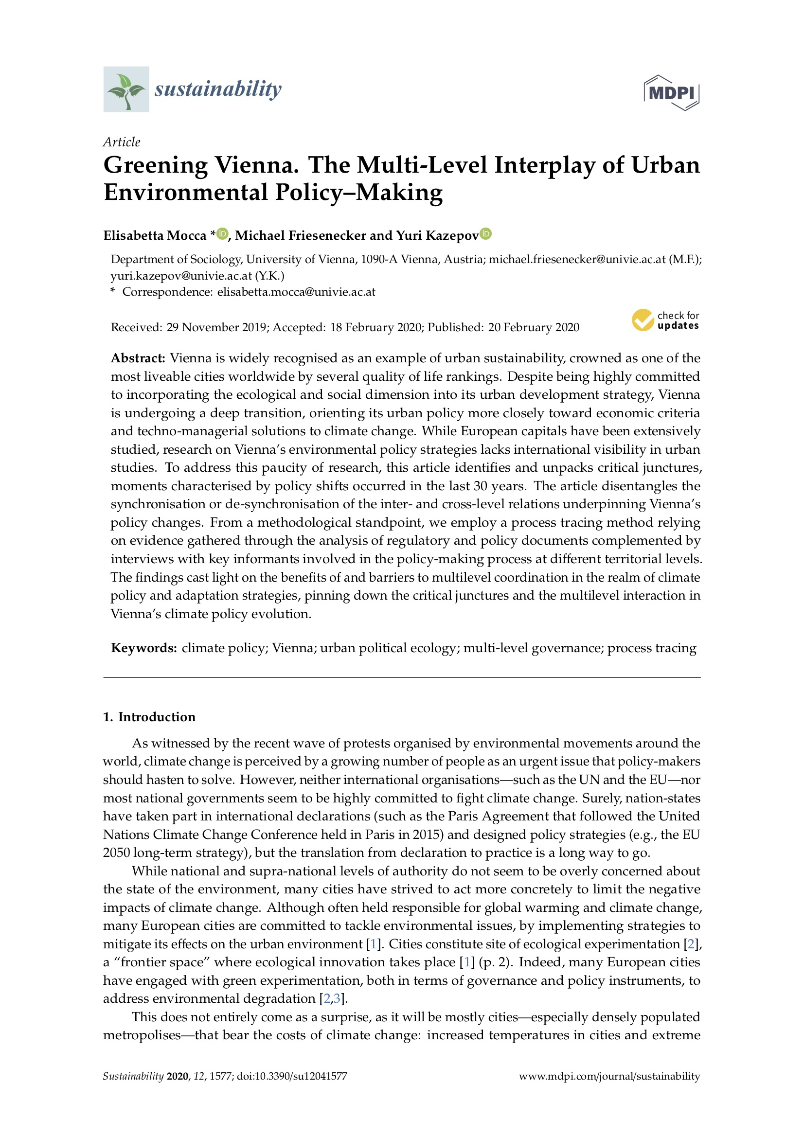 Greening Vienna. The Multi-Level Interplay of Urban Environmental Policy–Making