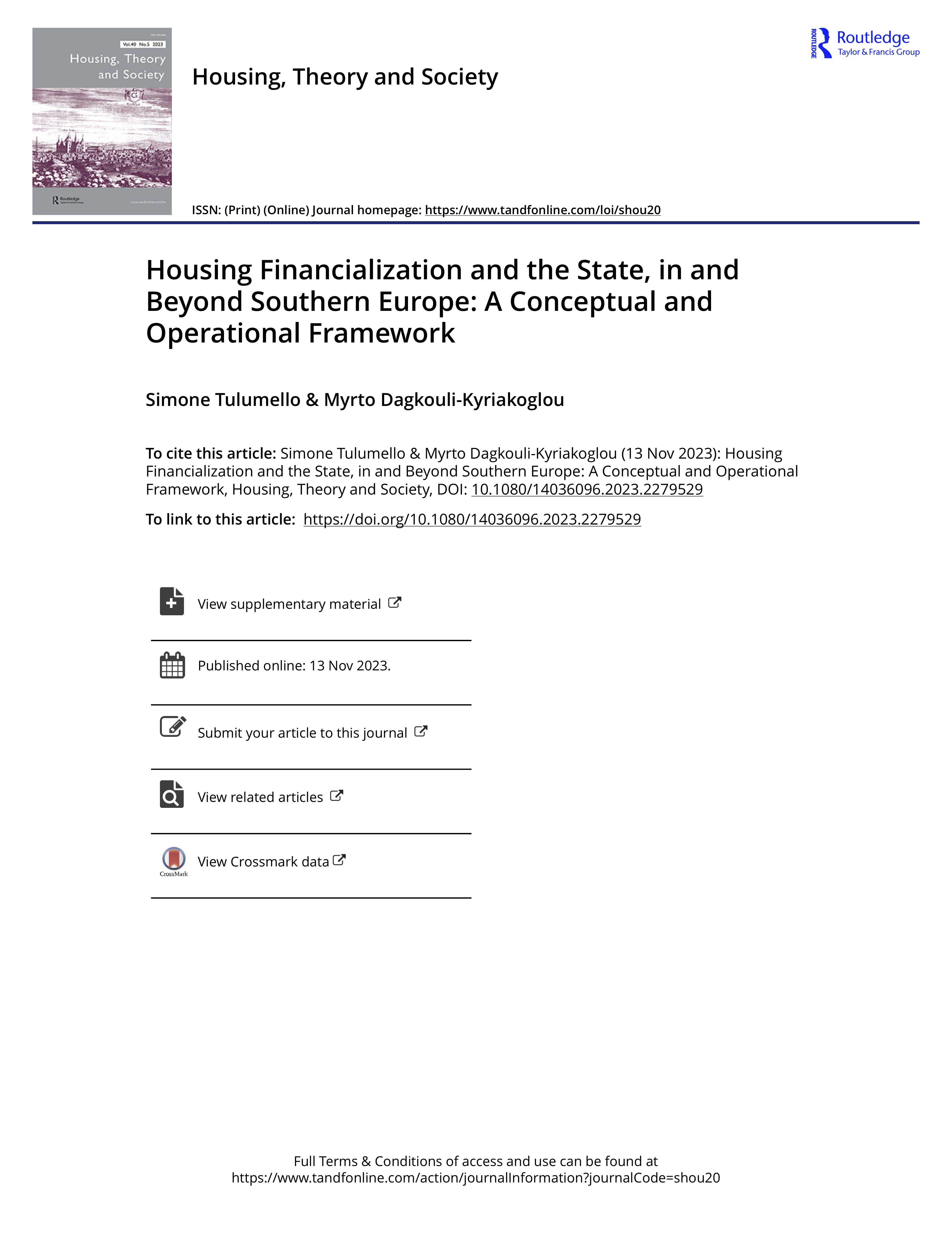 Housing Financialization and the State, in and Beyond Southern Europe: A Conceptual and Operational Framework