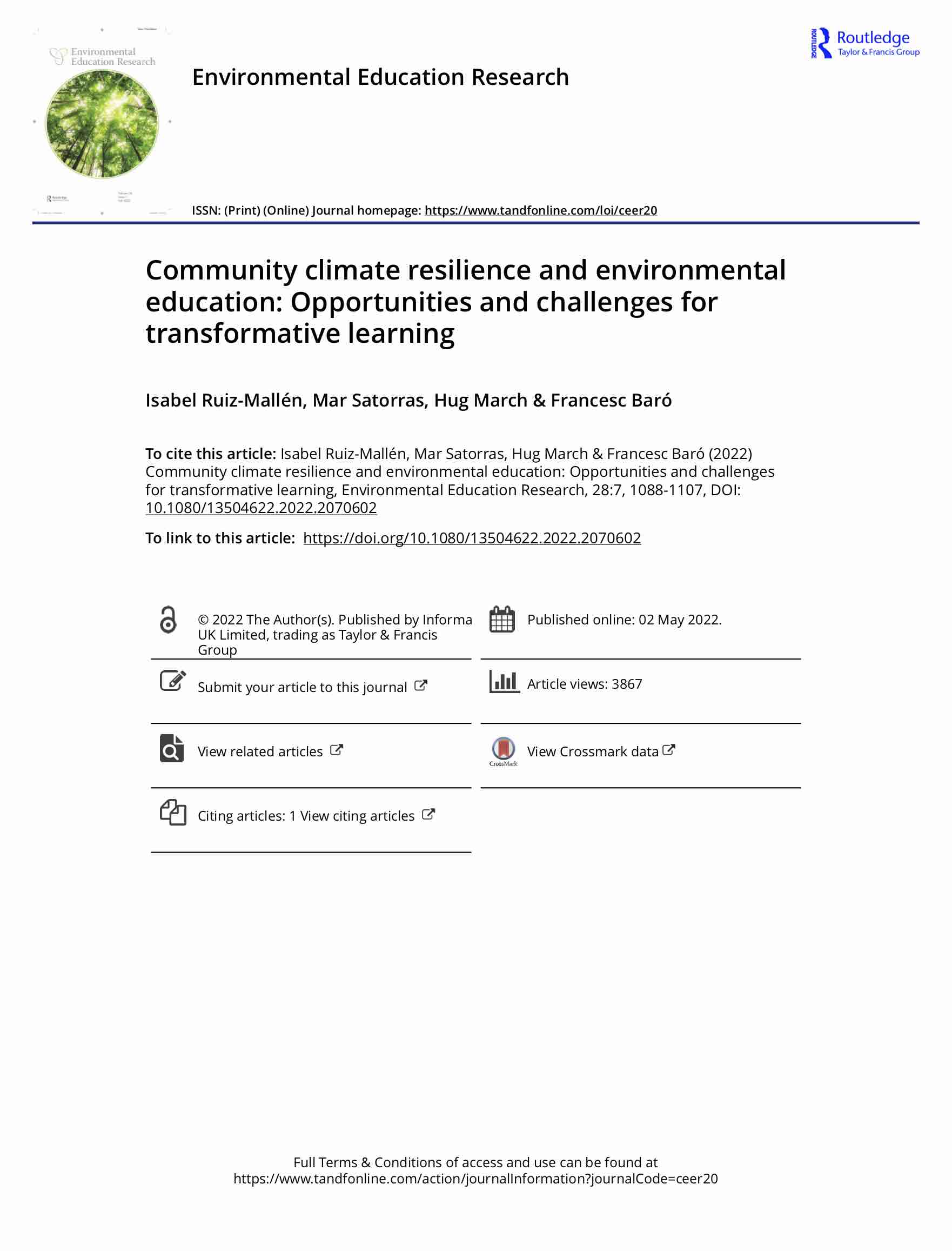 Community climate resilience and environmental education: Opportunities and challenges for transformative learning