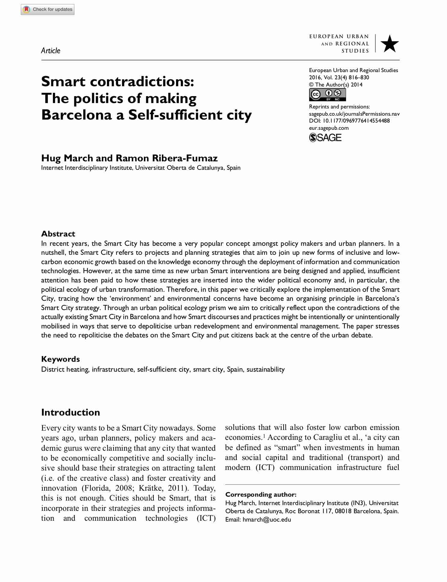 Smart contradictions: The politics of making Barcelona a Self-sufficient city