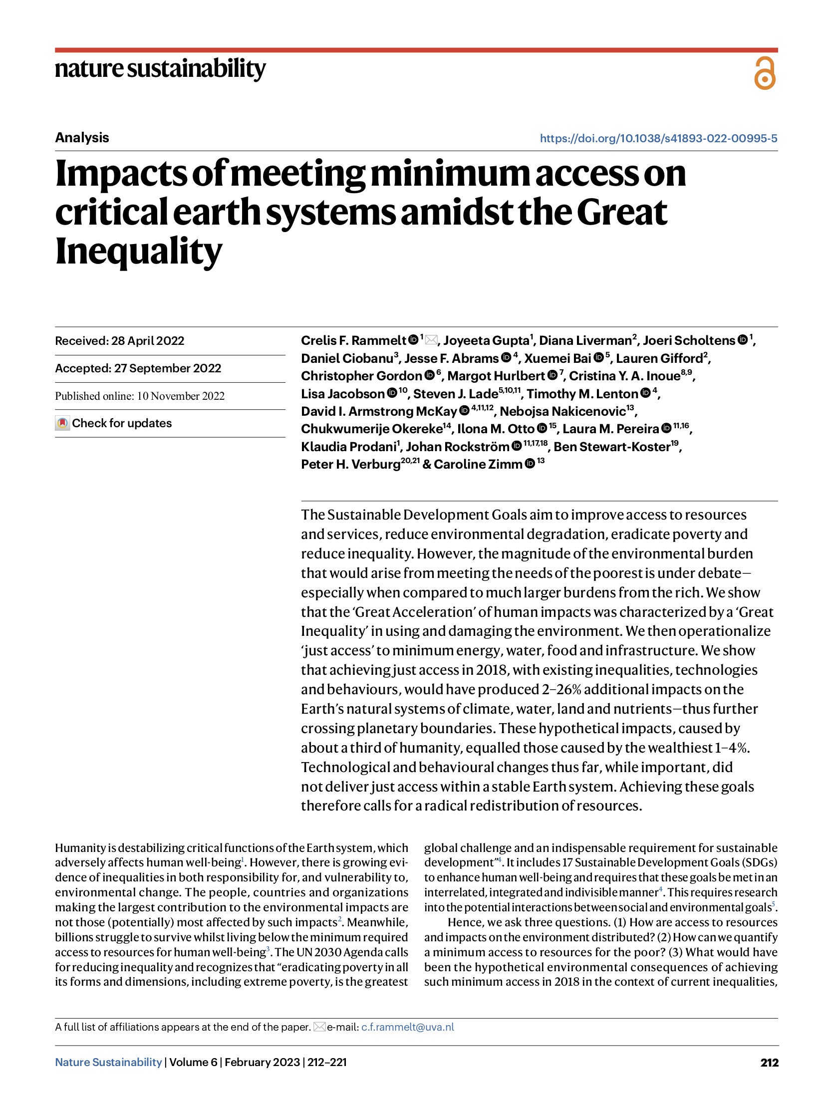 Impacts of meeting minimum access on critical earth systems amidst the Great Inequality