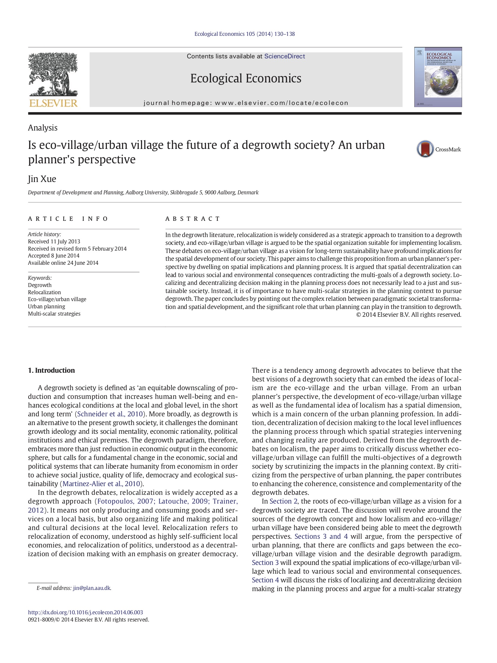 Is eco-village/urban village the future of a degrowth society? An urban planner's perspective Author links open overlay panel