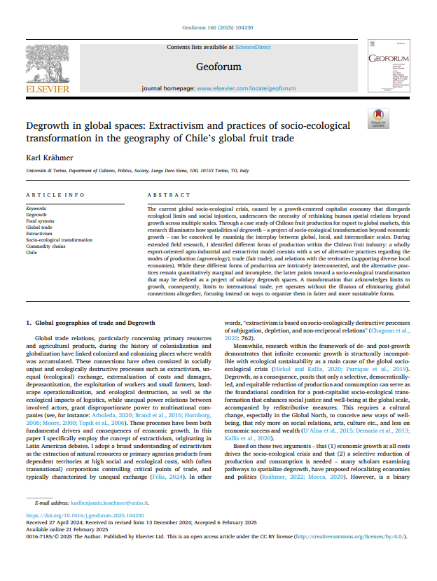 Degrowth in global spaces: Extractivism and practices of socio-ecological transformation in the geography of Chile’s global fruit trade