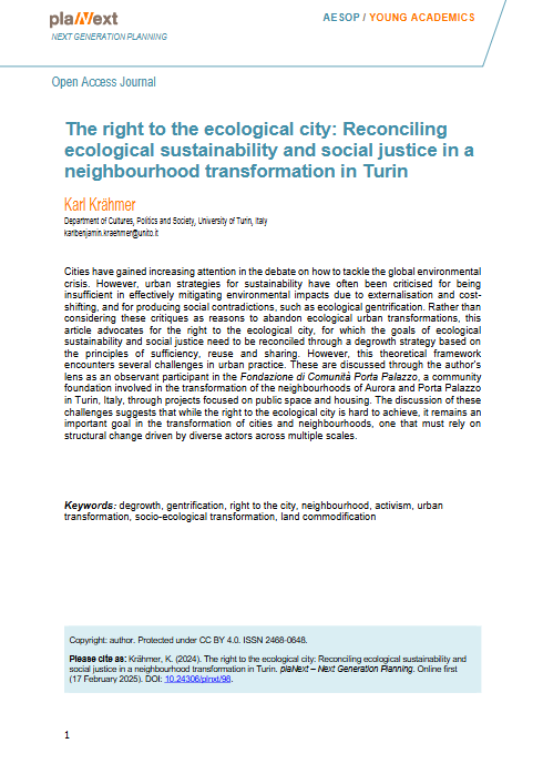 The right to the ecological city: Reconciling ecological sustainability and social justice in a neighbourhood transformation in Turin