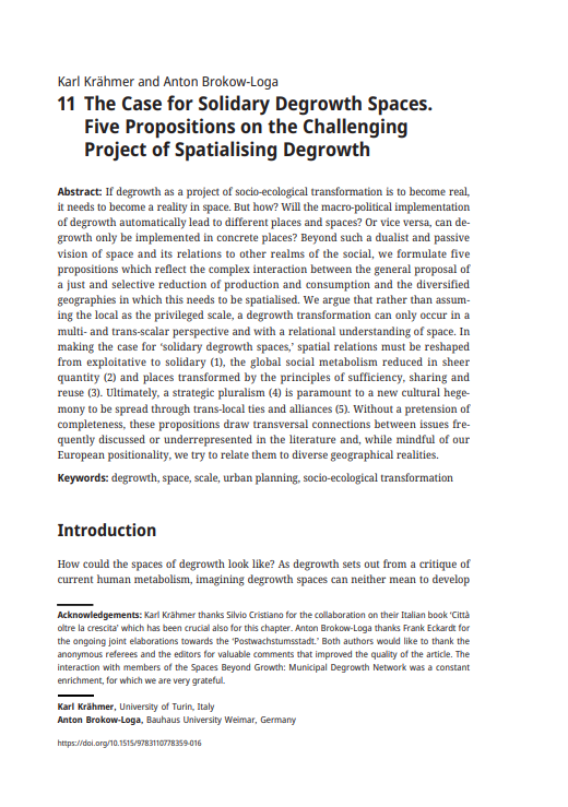 The Case for Solidary Degrowth Spaces. Five Propositions on the Challenging Project of Spatialising Degrowth