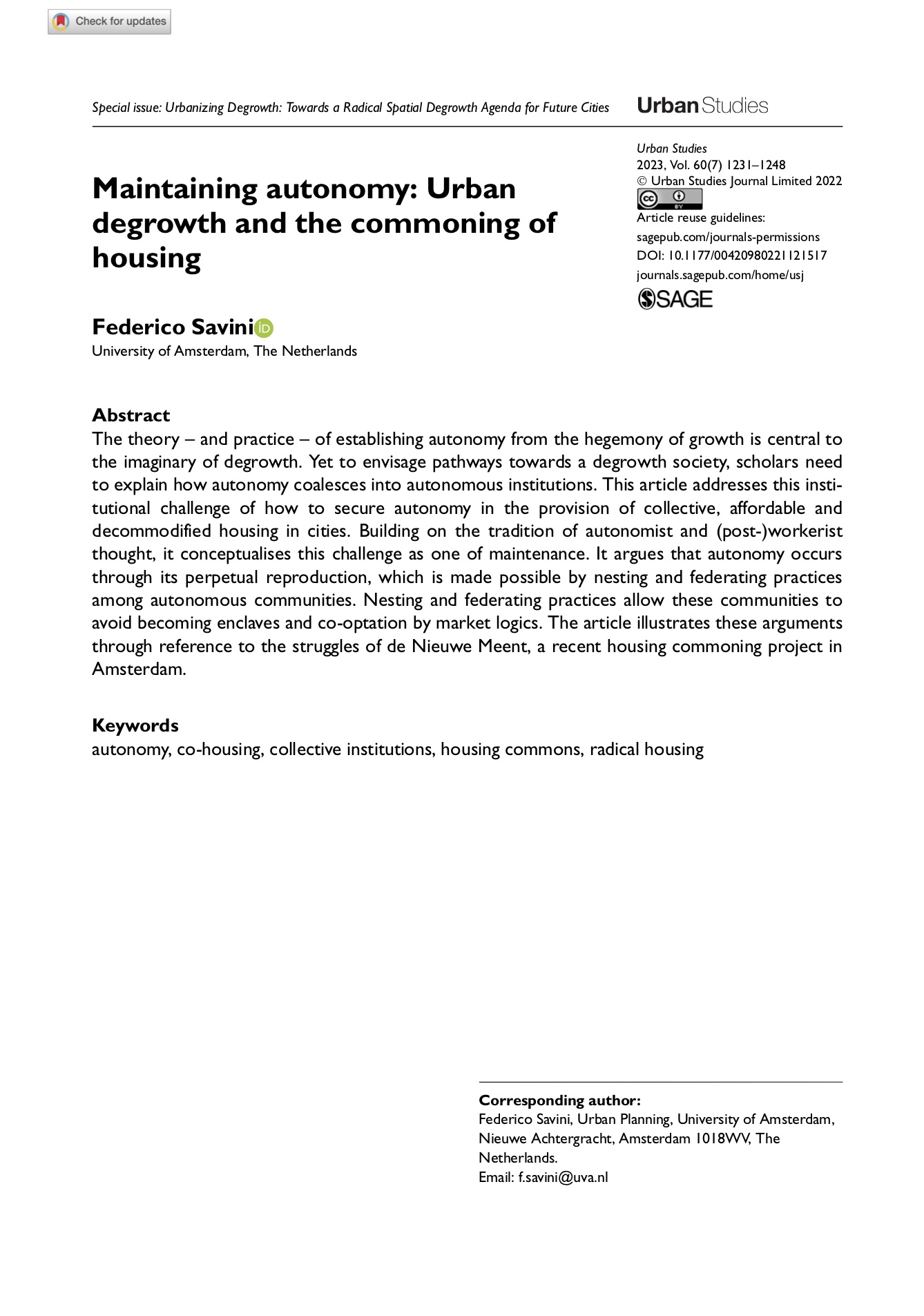 Maintaining autonomy: Urban degrowth and the commoning of housing