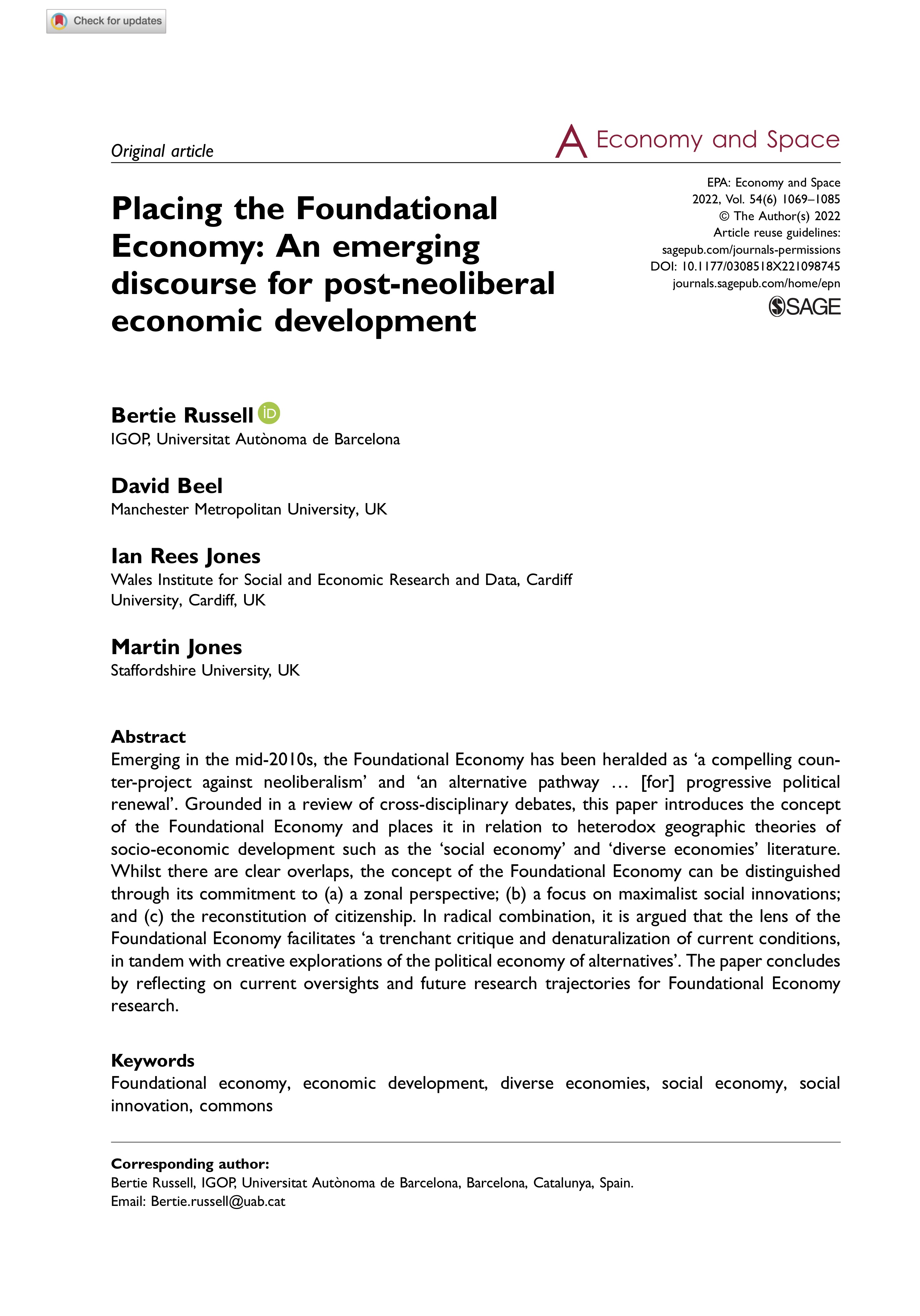 Placing the Foundational Economy: An emerging discourse for post-neoliberal economic development