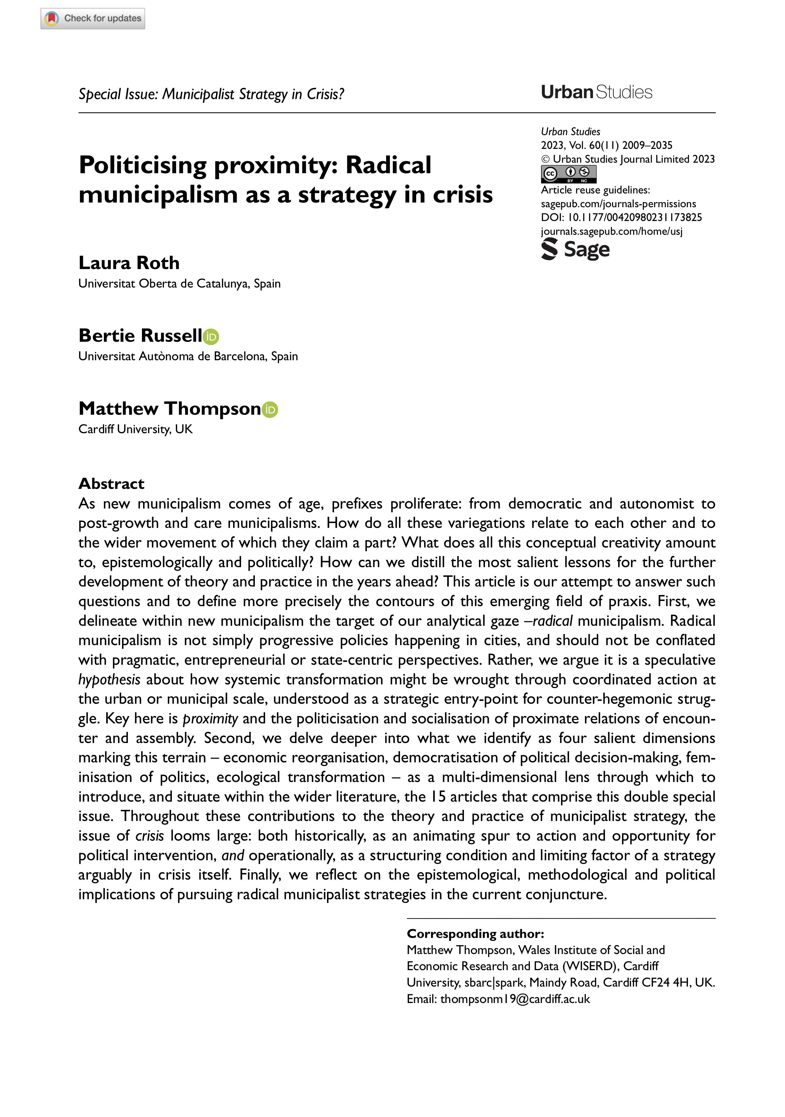 Politicising proximity: Radical municipalism as a strategy in crisis