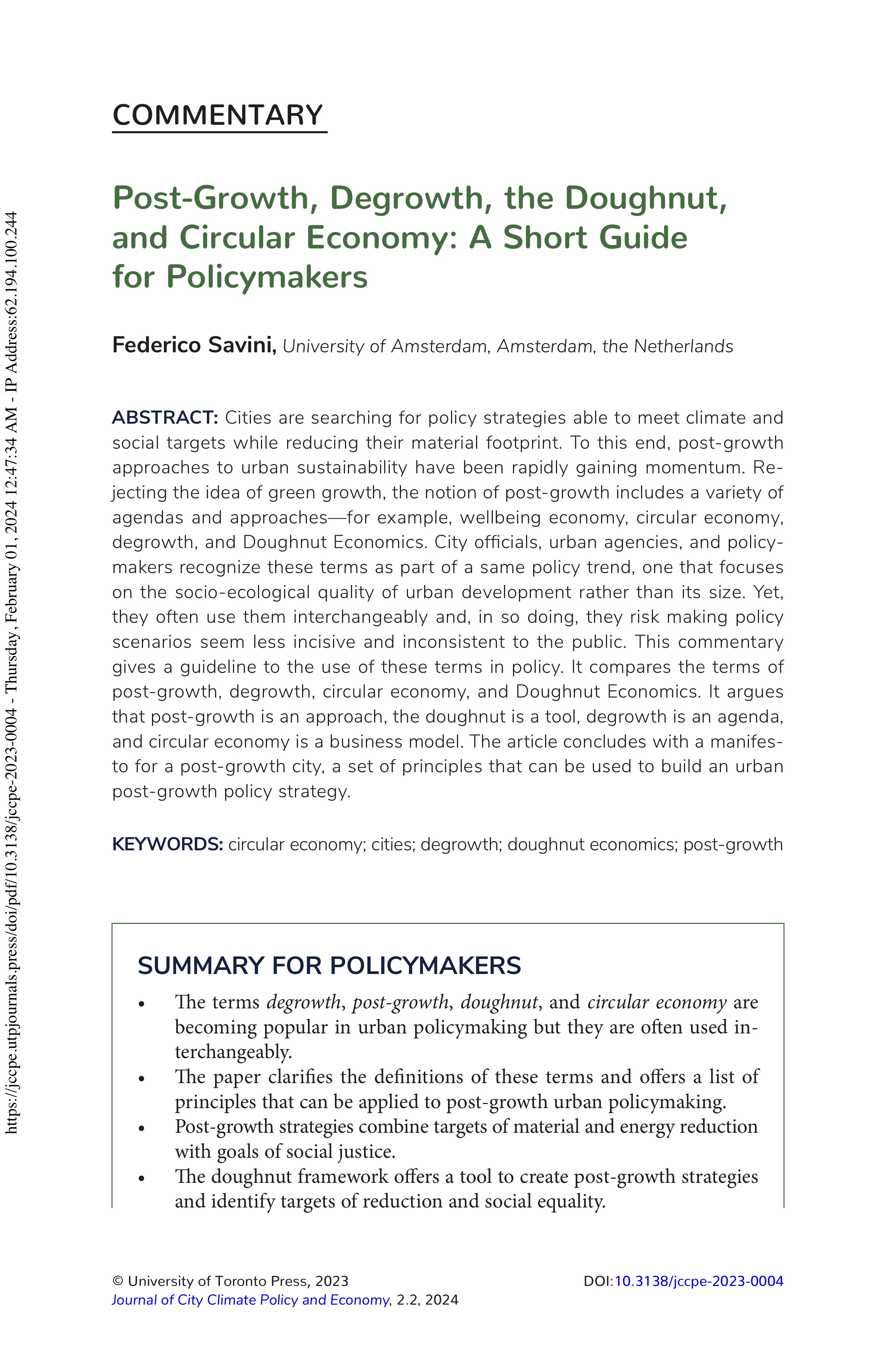 Post-Growth, Degrowth, the Doughnut, and Circular Economy: A Short Guide for Policymakers