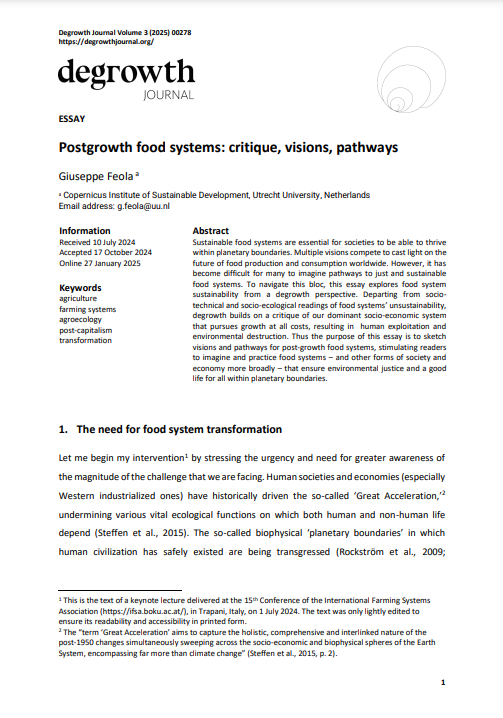 Postgrowth food systems: critique, visions, pathways