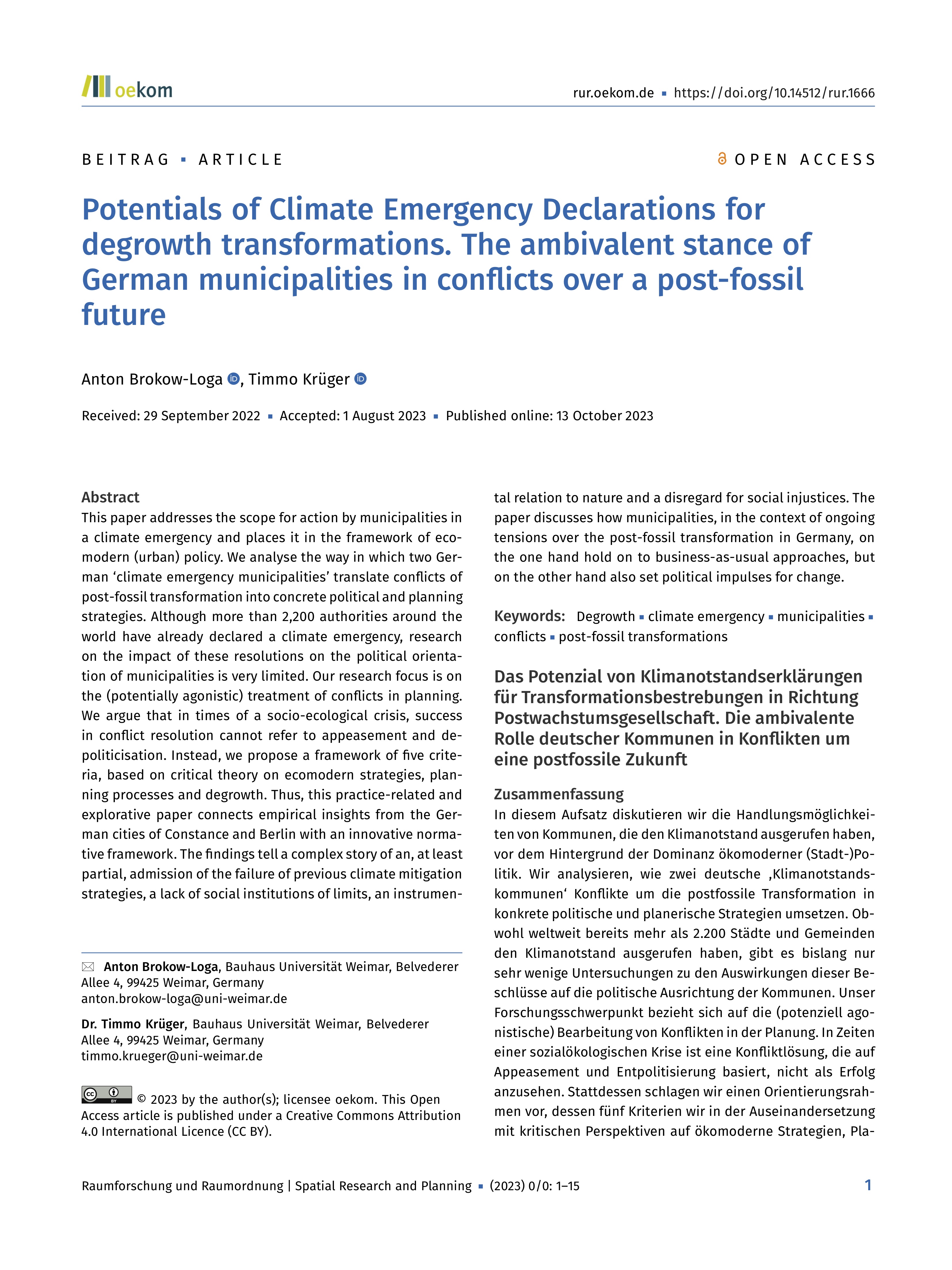 Potentials of Climate Emergency Declarations for degrowth transformations. The ambivalent stance of German municipalities in conflicts over a post-fossil future