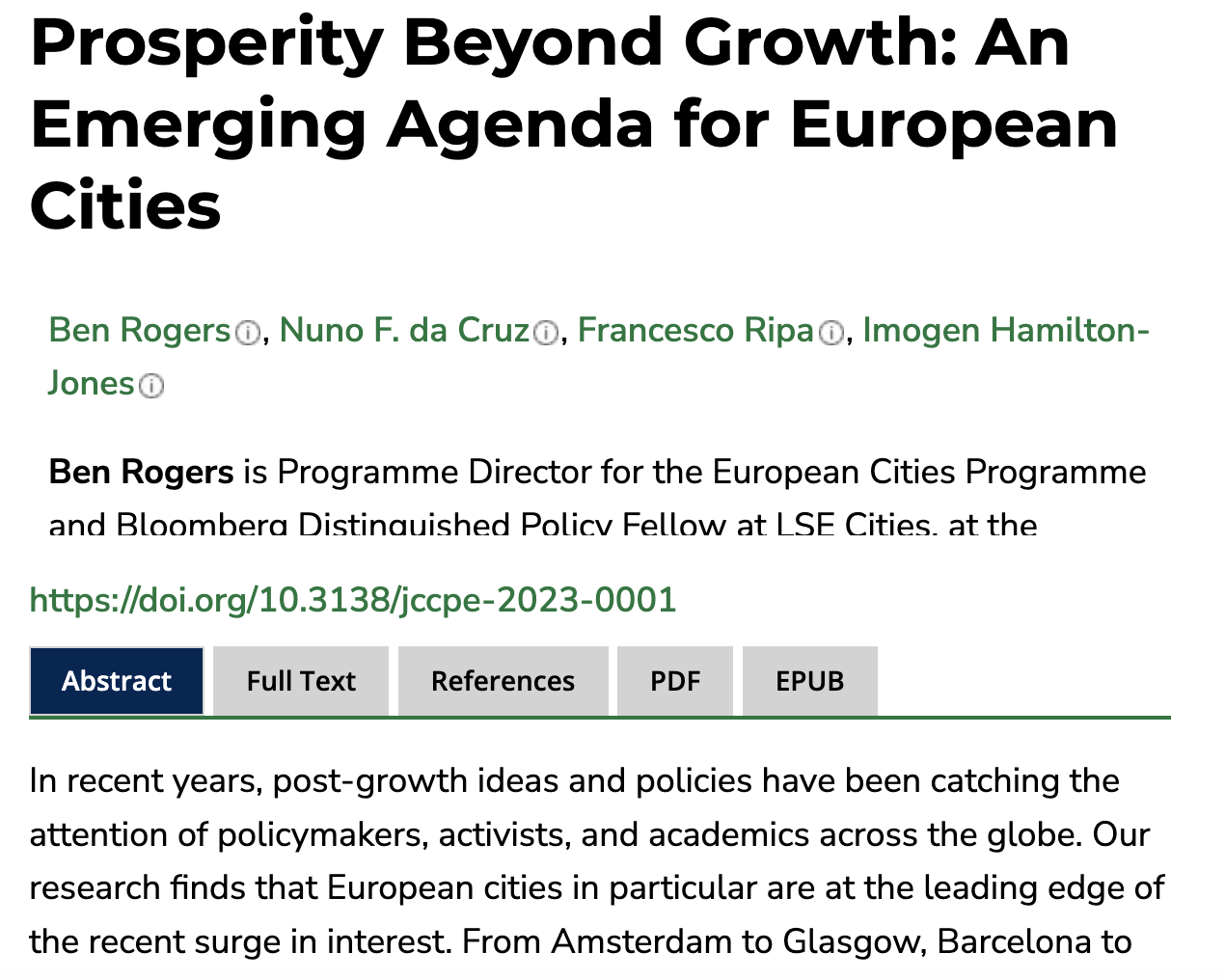 Prosperity Beyond Growth: An Emerging Agenda for European Cities