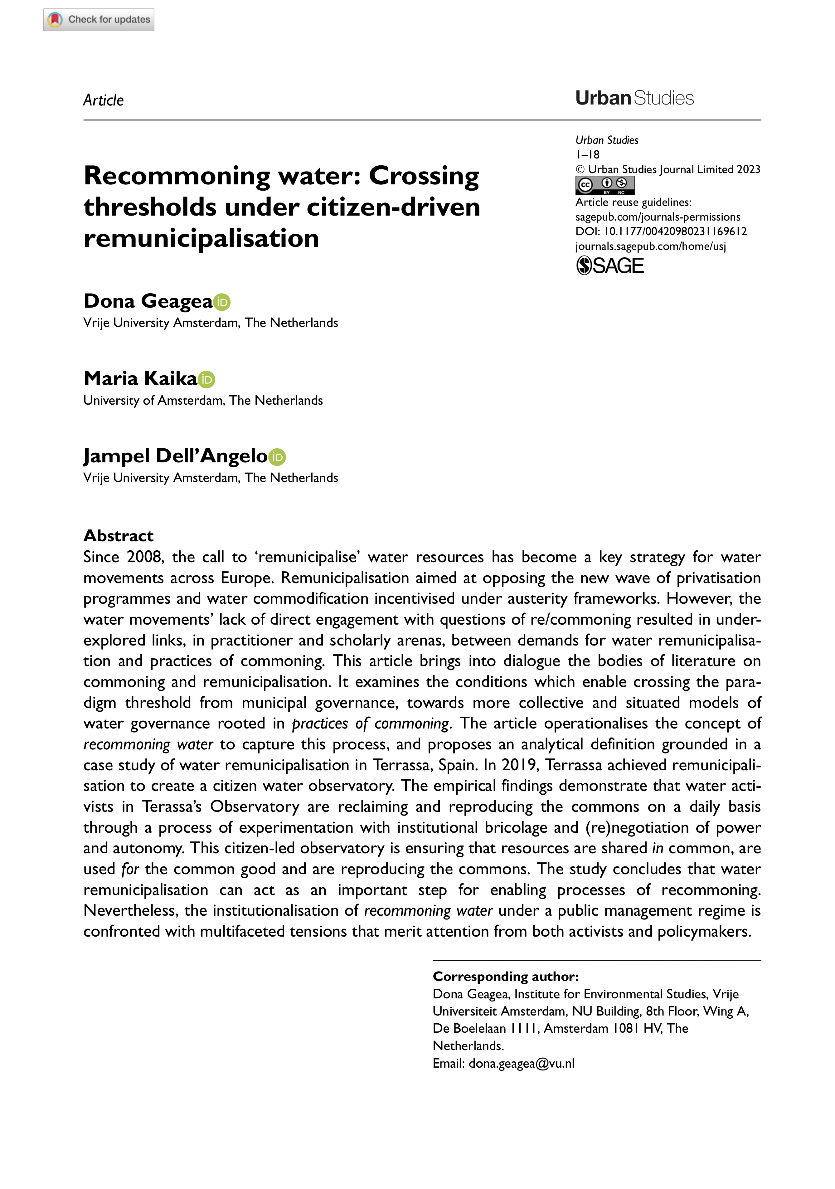 Recommoning water: Crossing thresholds under citizen-driven remunicipalisation