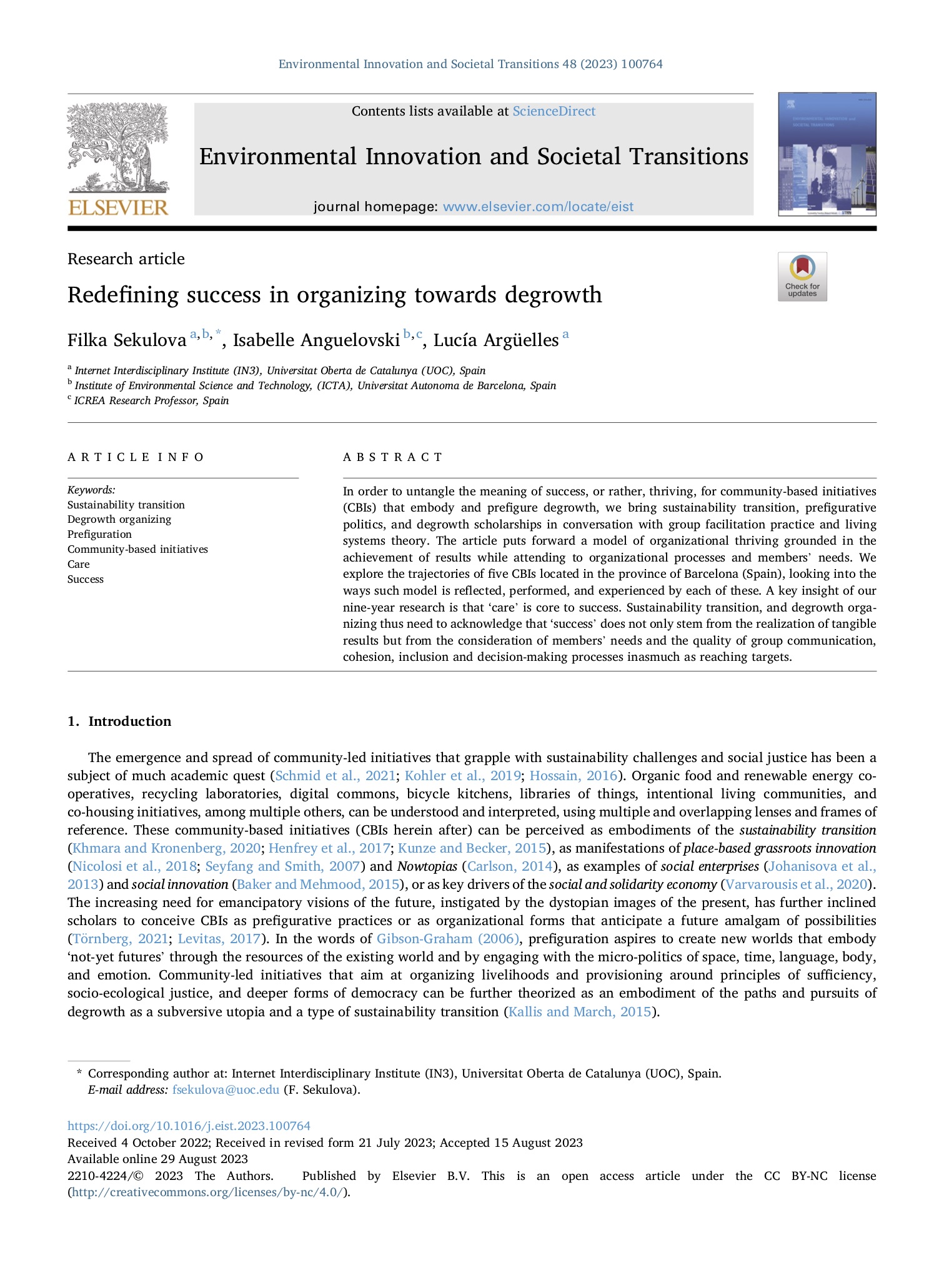 Redefining success in organizing towards degrowth