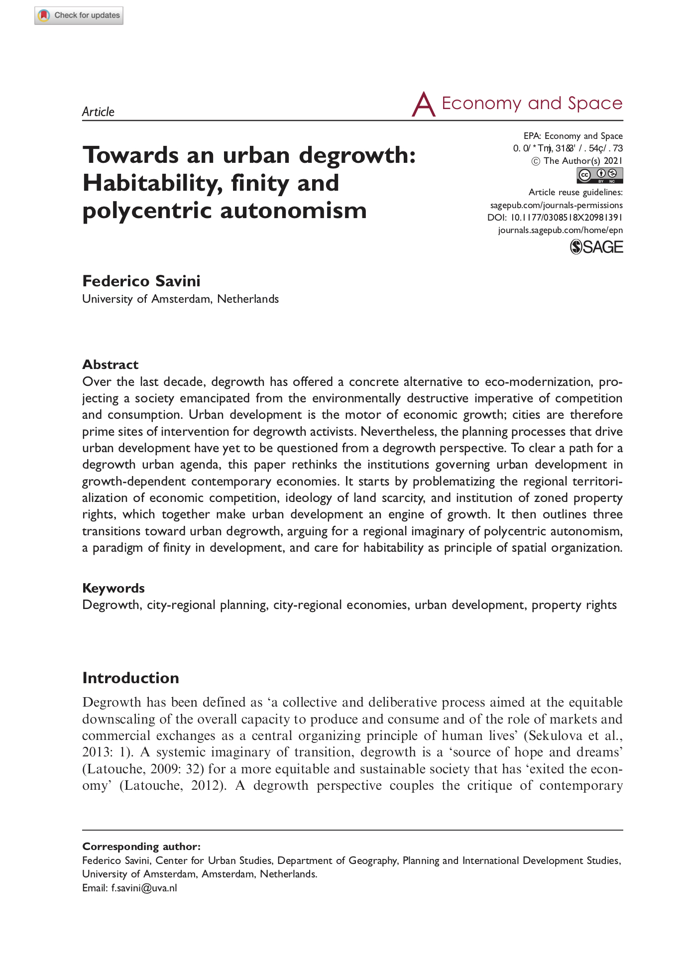 Towards an urban degrowth: Habitability, finity and polycentric autonomism