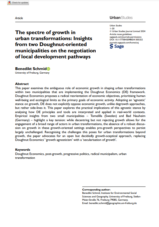 The spectre of growth in urban transformations: Insights from two Doughnut-oriented municipalities on the negotiation of local development pathways