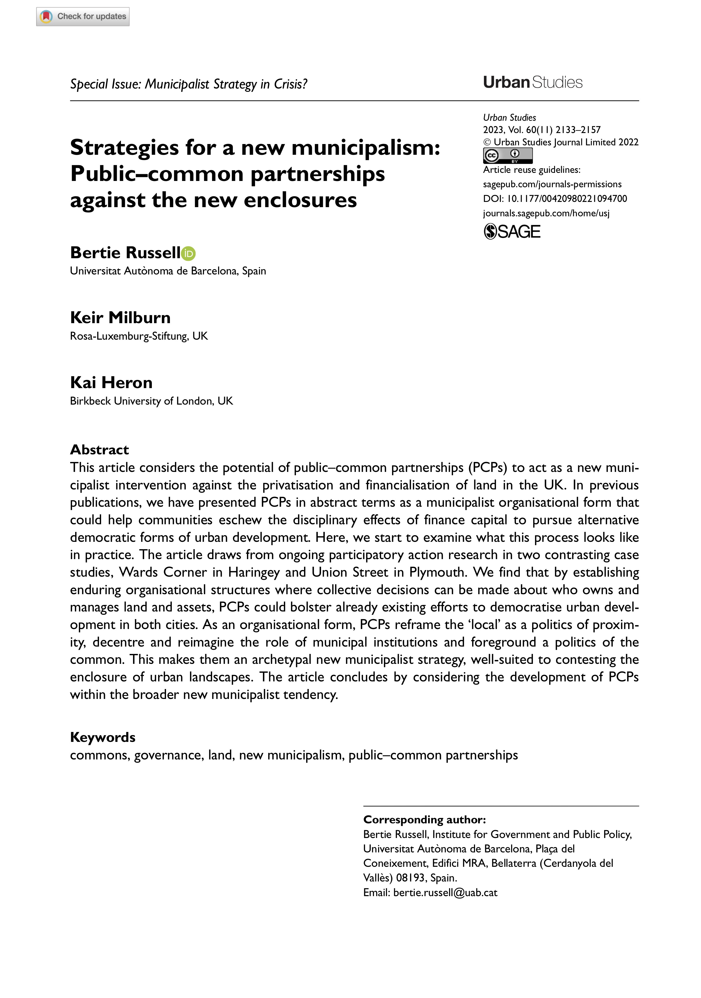 Strategies for a new municipalism: Public–common partnerships against the new enclosures