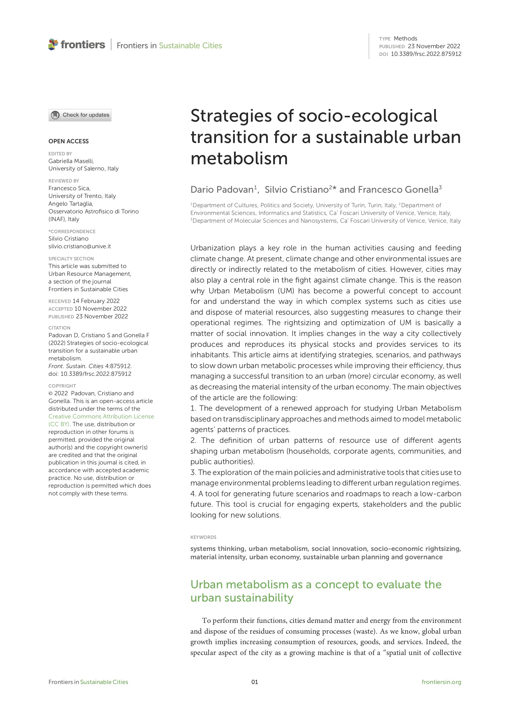 Strategies of socio-ecological transition for a sustainable urban metabolism