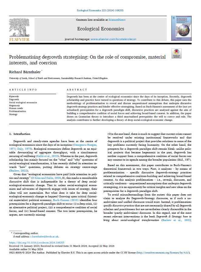 Problematising degrowth strategising: On the role of compromise, material interests, and coercion