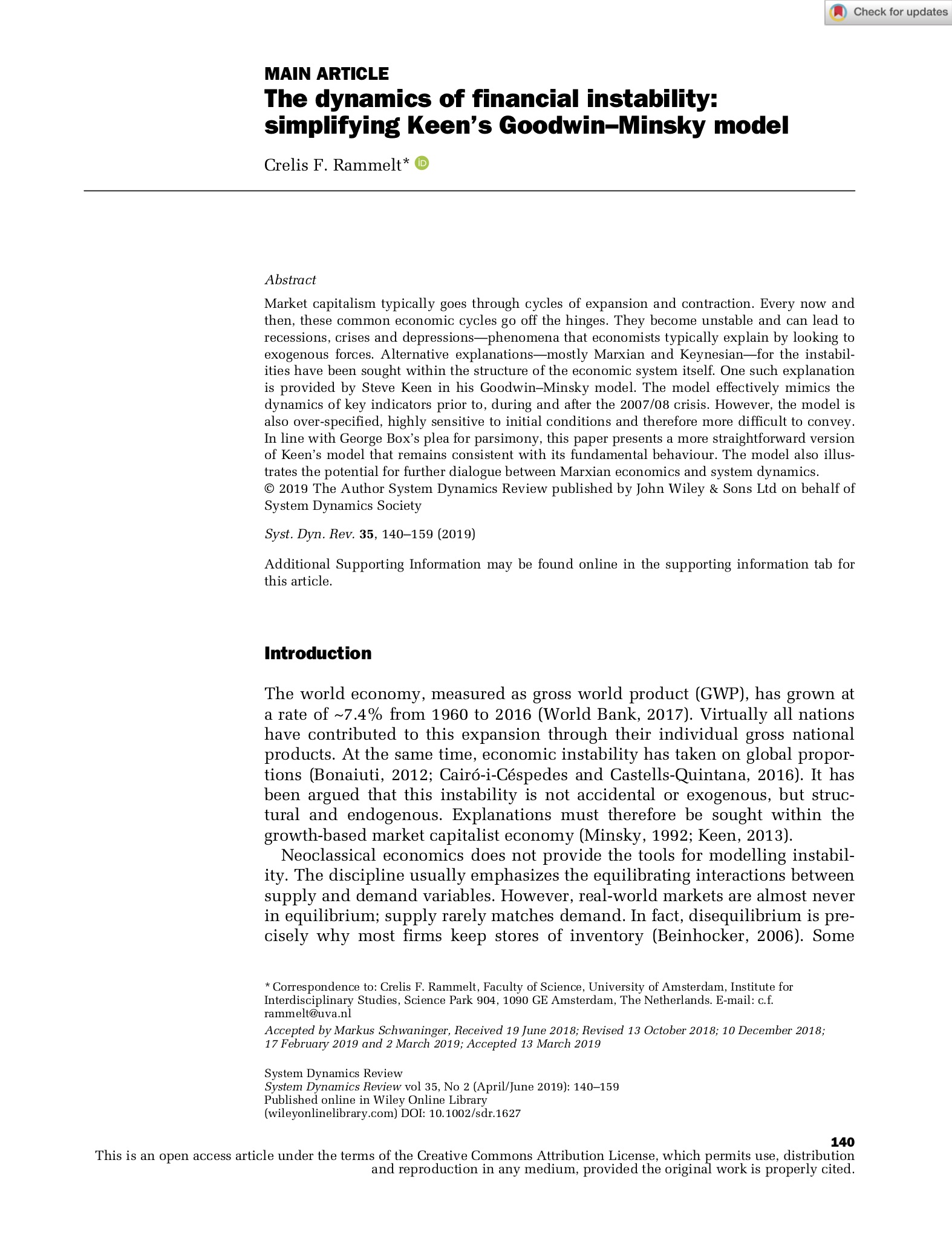 The dynamics of financial instability: simplifying Keen’s Goodwin–Minsky model