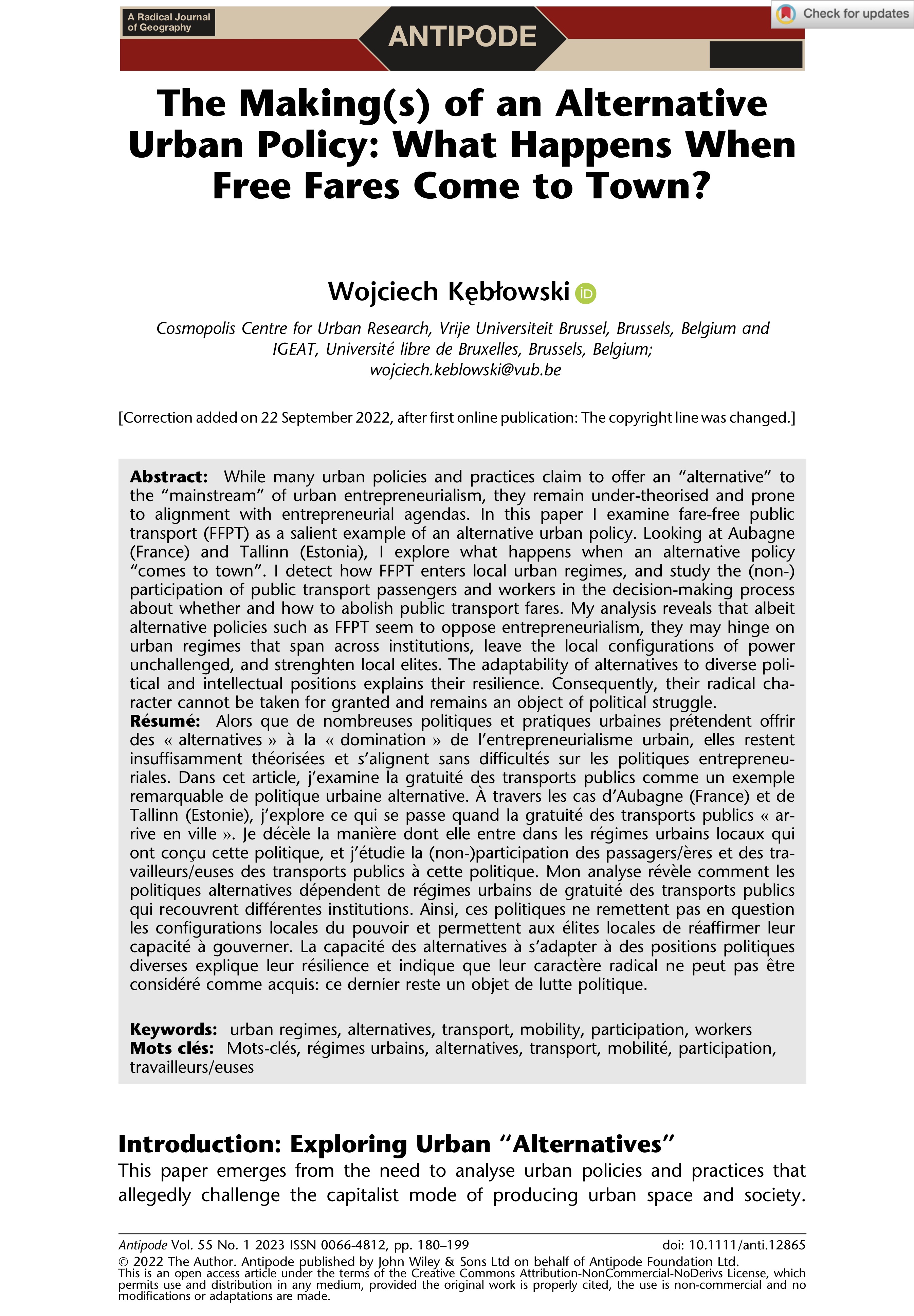 The Making(s) of an Alternative Urban Policy: What Happens When Free Fares Come to Town?