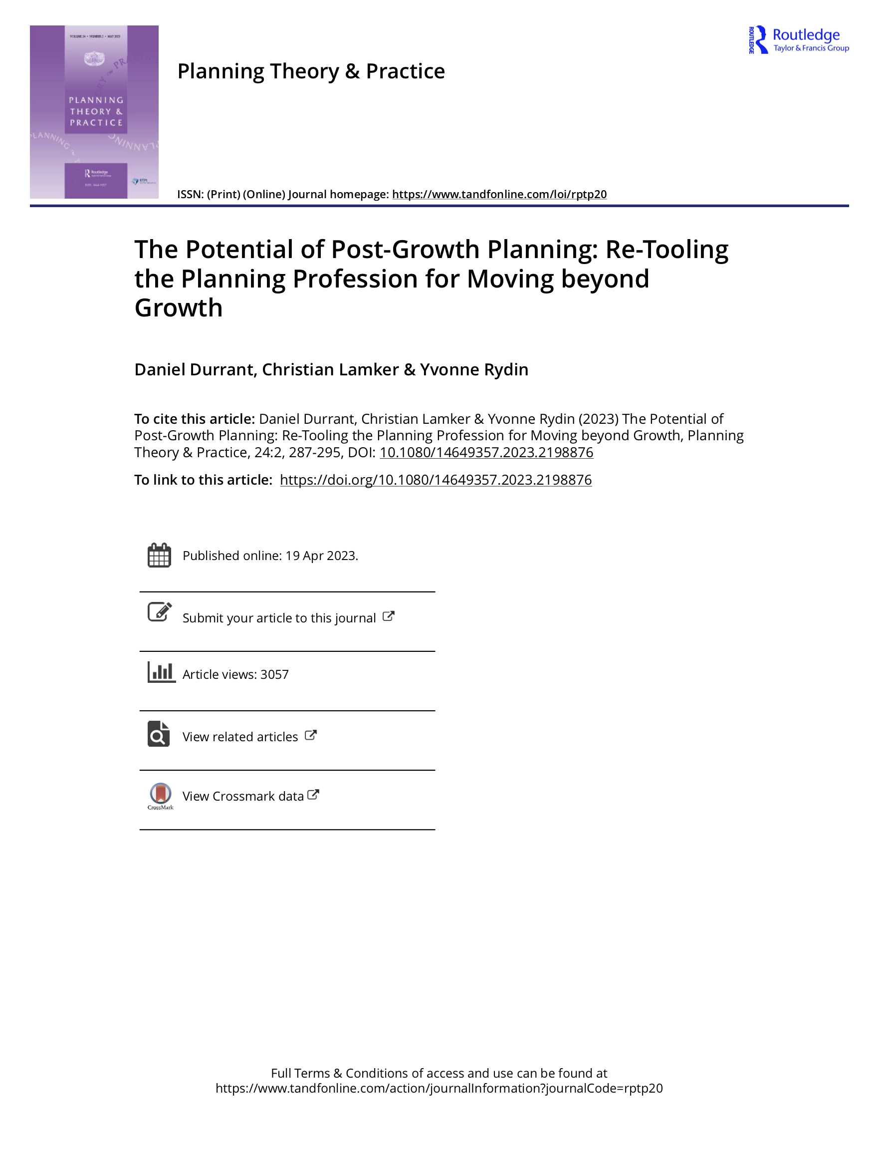 The Potential of Post-Growth Planning: Re-Tooling the Planning Profession for Moving beyond Growth