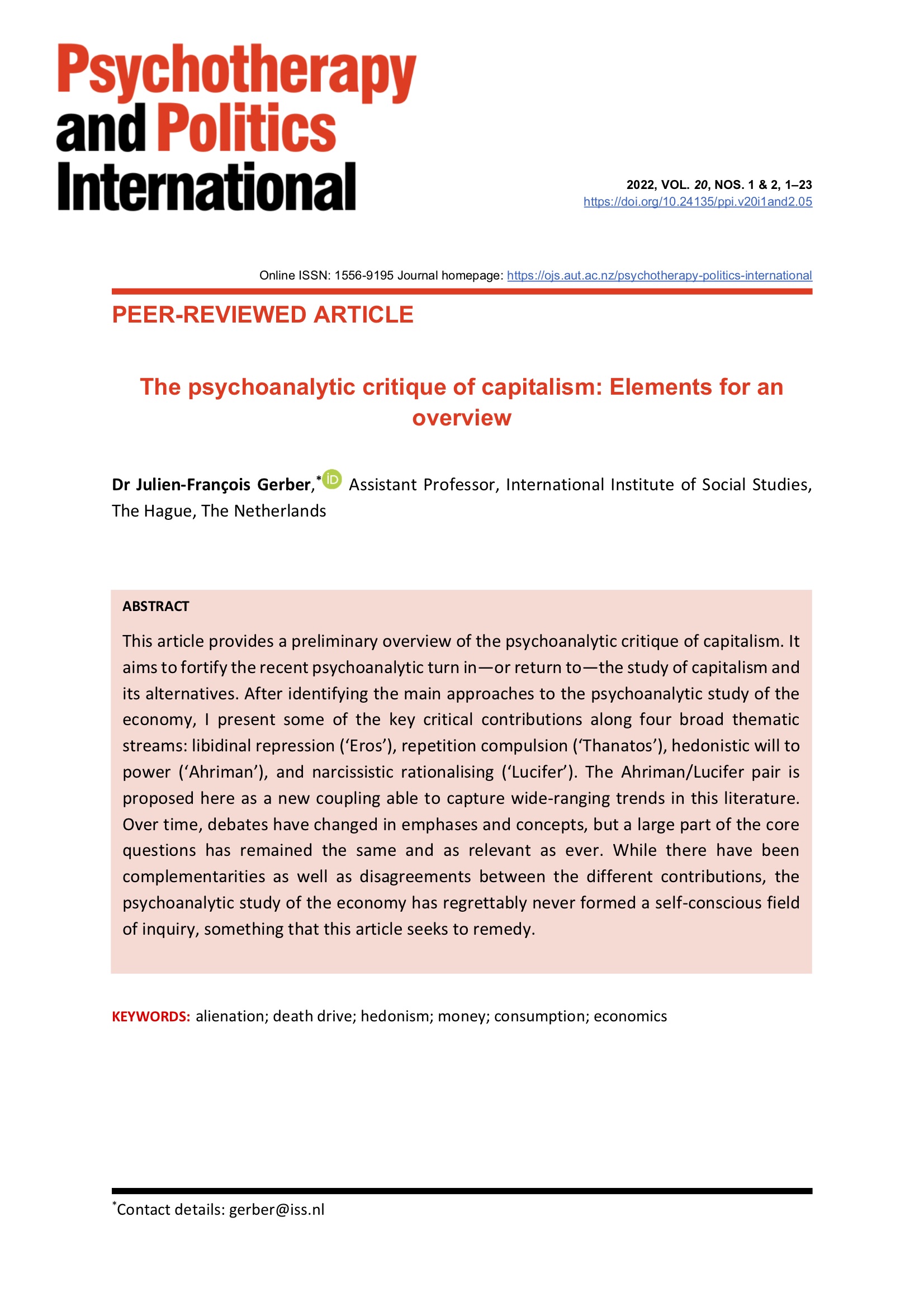 The psychoanalytic critique of capitalism: Elements for an overview