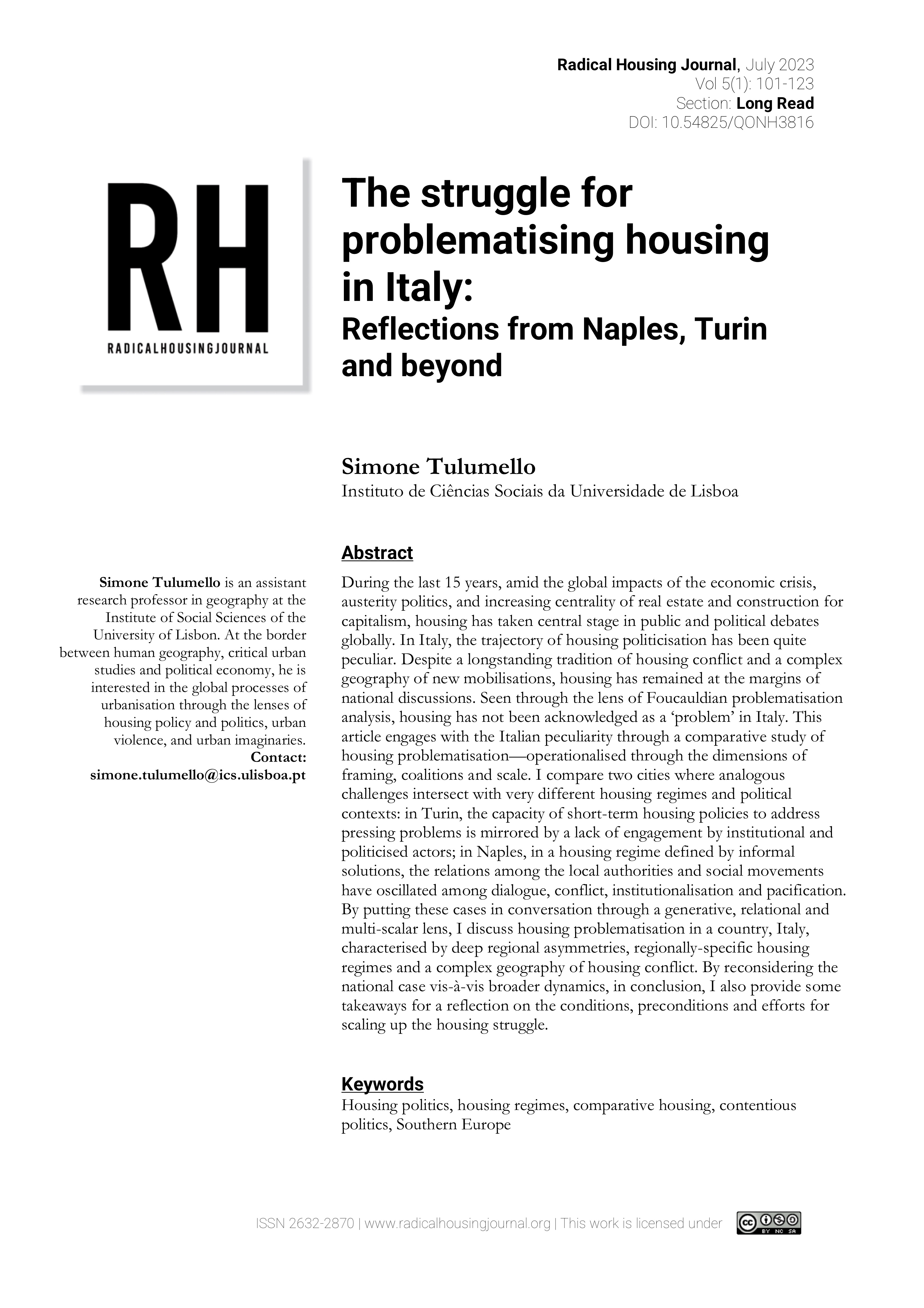 The struggle for problematising housing (in Italy) Reflections from Naples, Turin and beyond