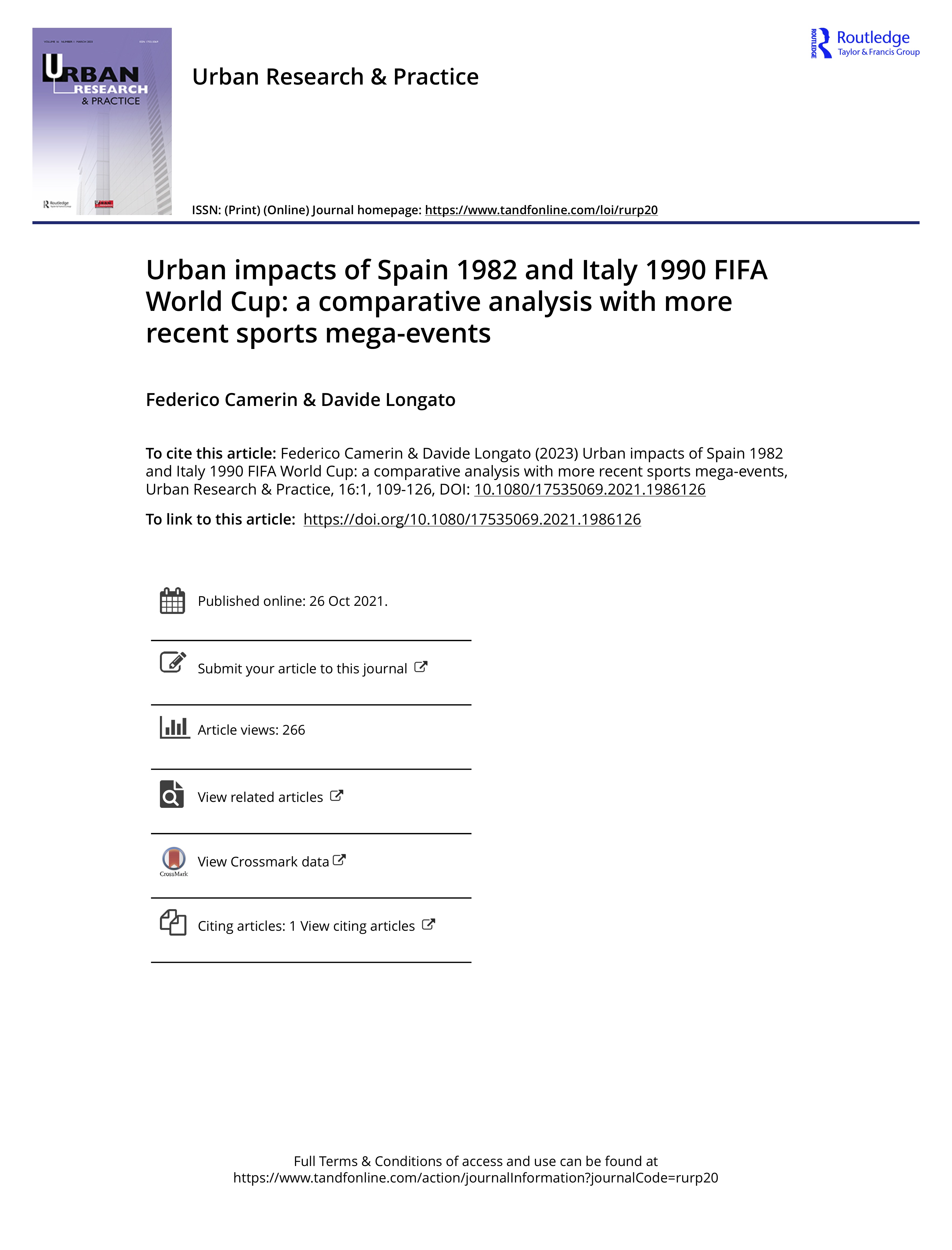 Urban impacts of Spain 1982 and Italy 1990 FIFA World Cup: a comparative analysis with more recent sports mega-events