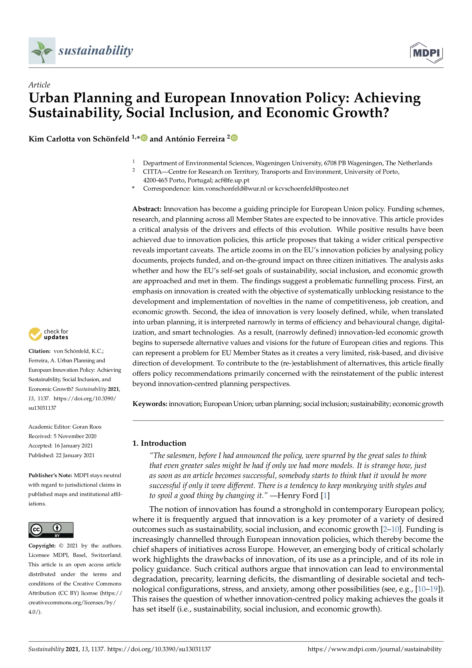 Urban Planning and European Innovation Policy: Achieving Sustainability, Social Inclusion, and Economic Growth?