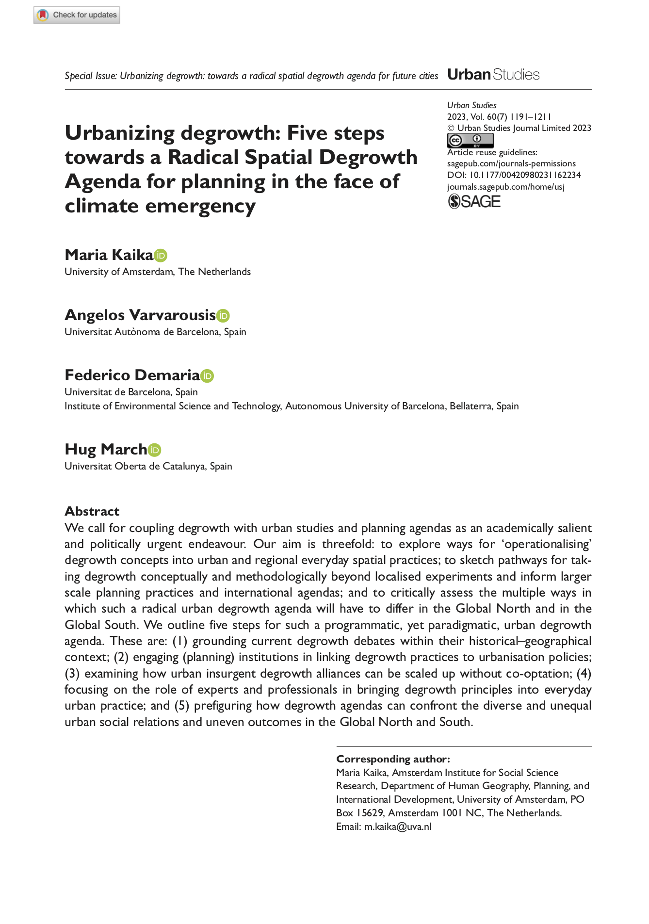 Urbanizing degrowth: Five steps towards a Radical Spatial Degrowth Agenda for planning in the face of climate emergency