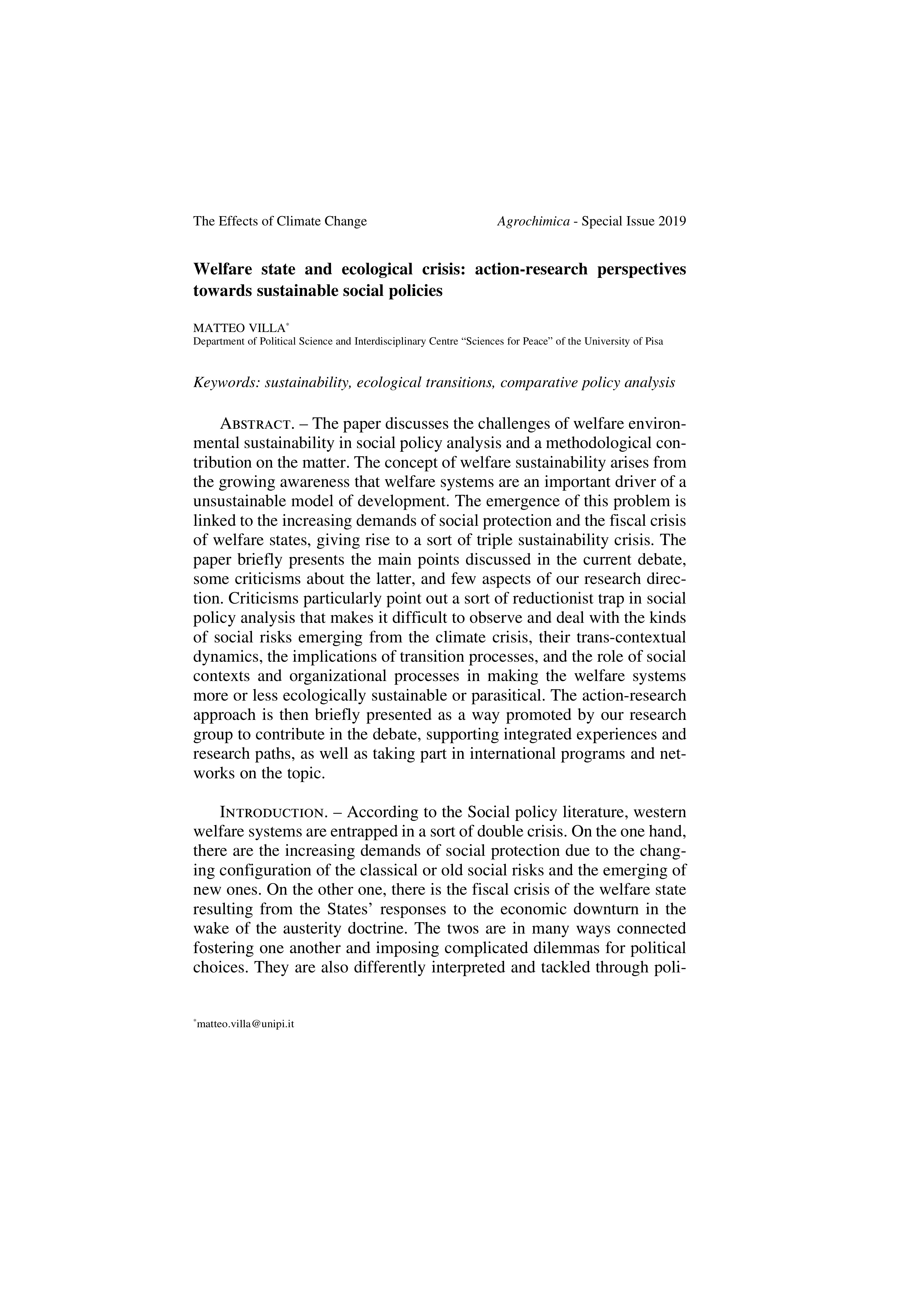 Welfare state and ecological crisis: action-research perspectives towards sustainable social policies